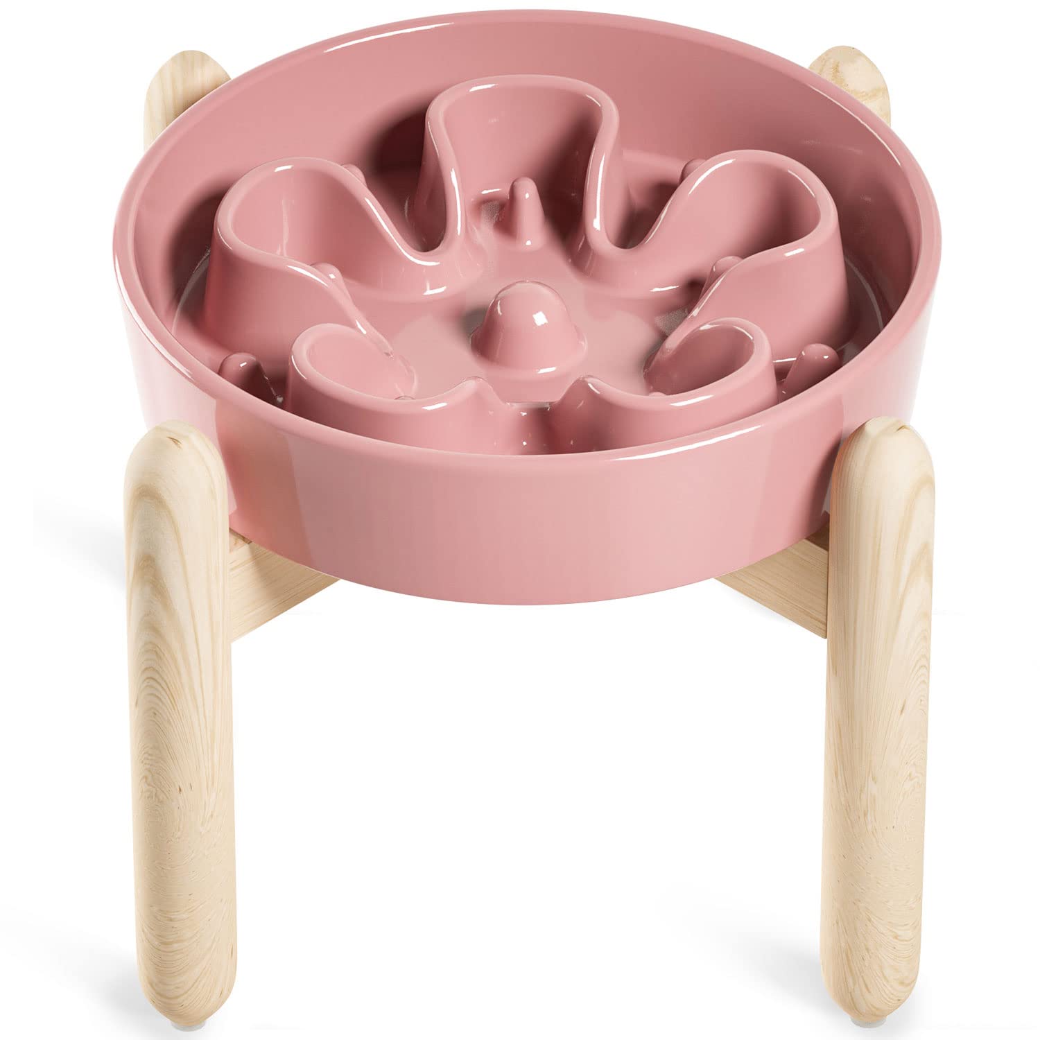 LE TAUCI Ceramic Slow Feed Dog Bowls, Elevated for Small and Medium Breed Dogs, Anti-Gulping Pet Feeding Dishes, Flower Pink, 1.