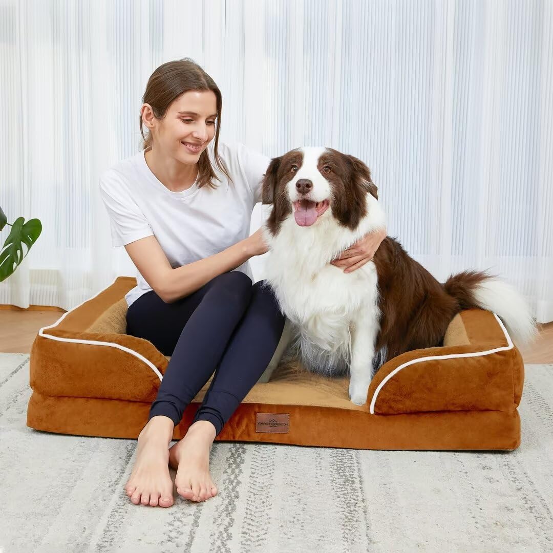 Comfort Expression Orthopedic Dog Bed For Extra Large Dogs, Pv Washable Dog Sofa Bed Jumbo, Waterproof Dog Bed With Removable Cover & Non-Slip Bottom(Jumbo,Caramel)