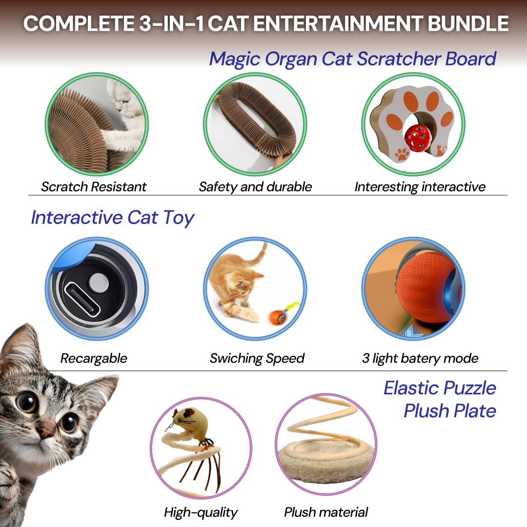JUMPSELL Kitty Kurlz Cat Toy - Interactive Cat Scratcher Set with Flexible Cardboard Accordion, Plush Mouse & Magic Organ Toy -
