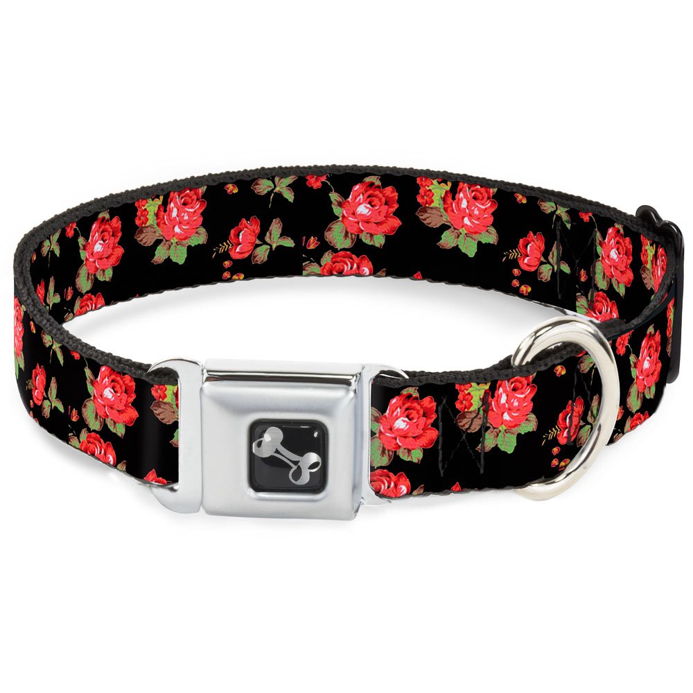 Buckle-Down Seatbelt Buckle Dog Collar - Red Roses Scattered Black - 1' Wide - Fits 15-26' Neck - Large