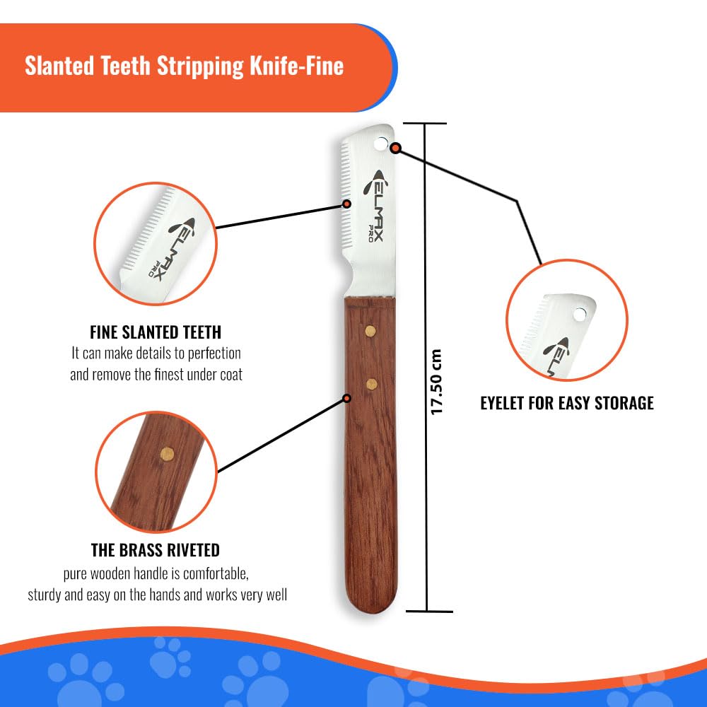 Elmax Pro Slant Tooth Stripping Knife Set for Dogs, Pack of 4, Stainless Steel Blades, Rosewood Handle, Right-Handed Grooming Tools