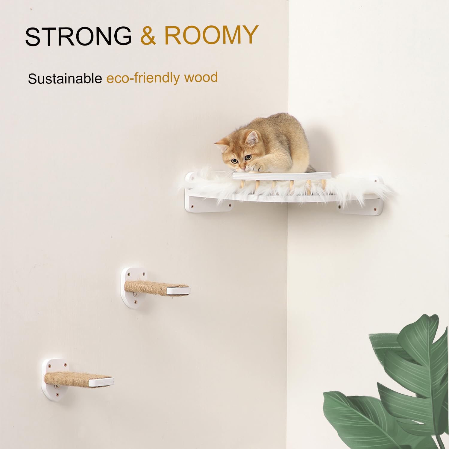 COOLEX Cat Wall Shelves - 3-Step Scratch Post & Hammock Bed, Medium, White, Cotton, Model CWS04C for Indoor Cats