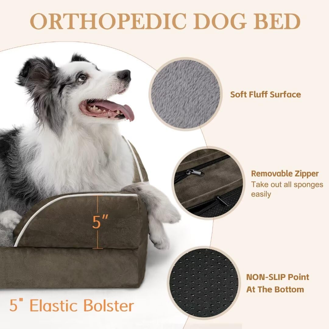 Comfort Expression Cooling Dog Bed For Extra Large Dogs, Jumbo Dog Bed, Orthopedic Memory Foam Dog Bed, Jumbo Breed Dog Bed, Waterproof Dog Bed With Bolster & Removable Cover(Jumbo,Olive Green)