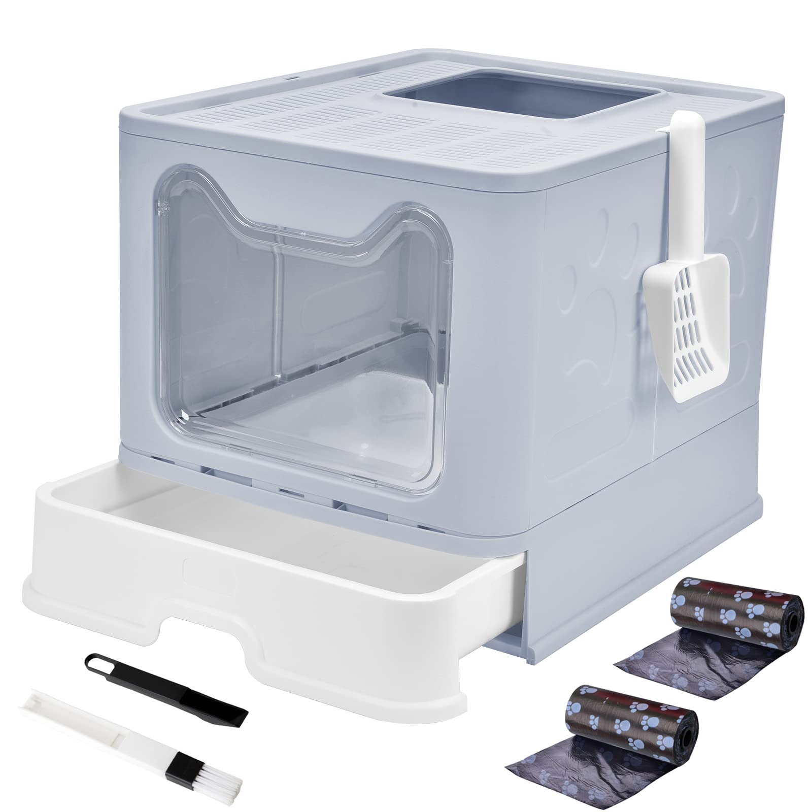 Panghuhu88 Foldable Cat Litter Box With Lid, Large Top Entry Cat Toilet, Enclosed Cat Potty Include Cat Litter Scoop, Drawer Type Easy Clean Cat Litter Pan (Grey, 20' L X 16' W X 15' H)