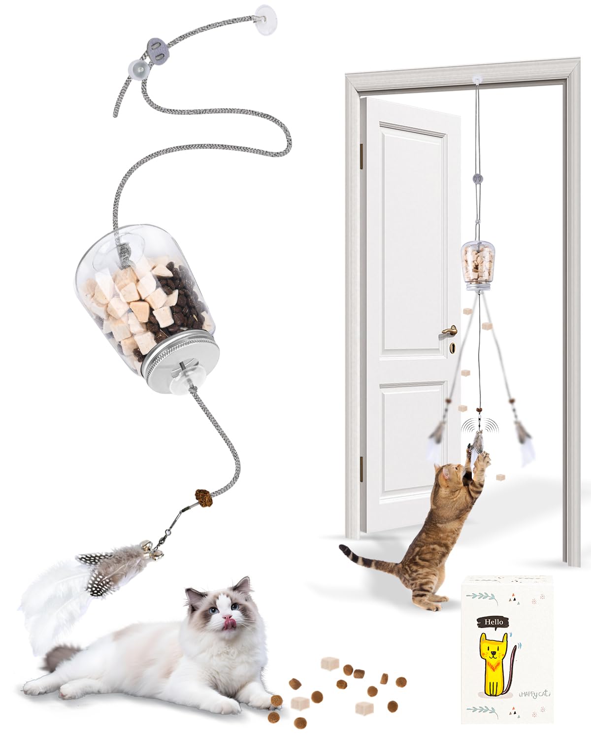 TXRRURE Interactive Cat Treat Dispenser Toy, Hanging Puzzle Toy for Slow Feeding & Cat Weight Loss, with Feather Teaser, Enrichm