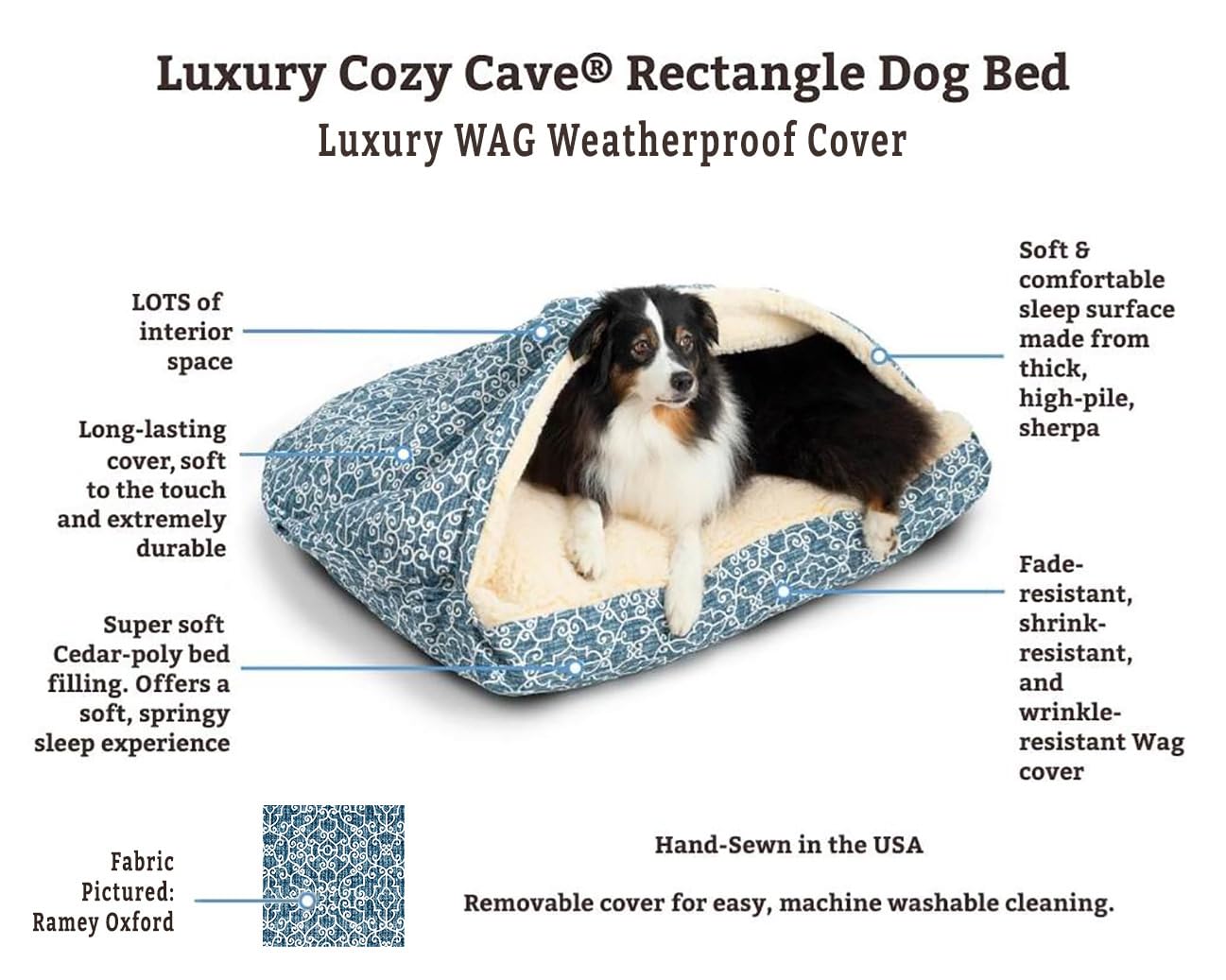 Snoozer Pet Products Luxury Rectangle Cozy Cave, Wag Collection, Medium, Ramey Gray