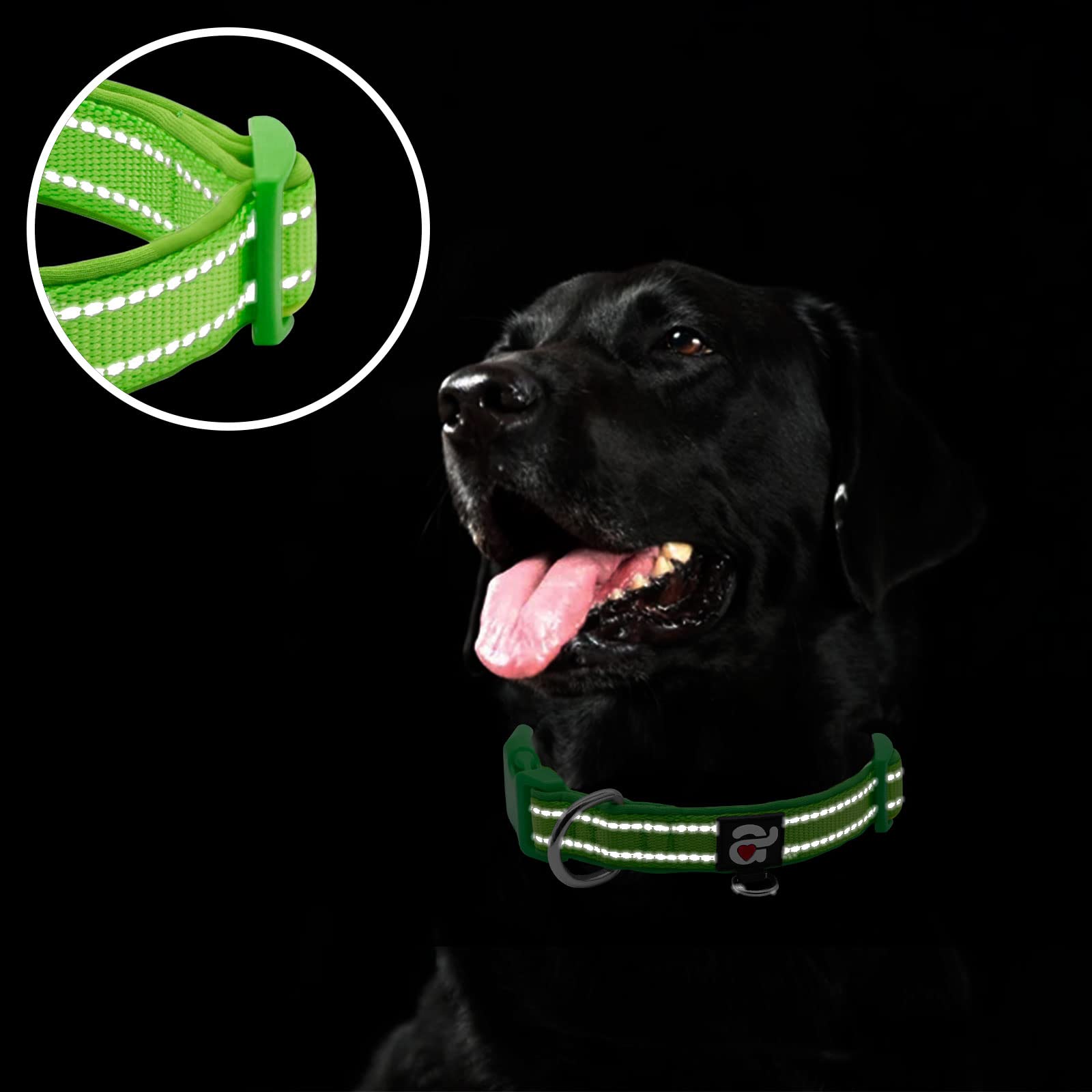 Azuza Reflective Dog Collar, Soft Neoprene Padded Pet Collar With Id Tag Ring, Adjustable For Medium Dogs,Green,M
