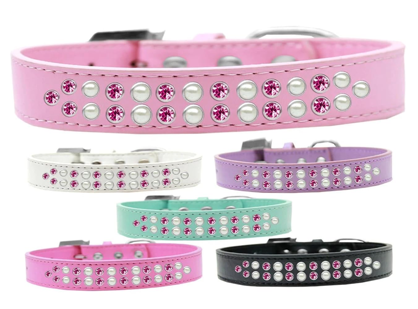Dog, Puppy & Pet Fashion Collar, Two Row Pearl and Pink Crystal Rimsets Light Pink 18