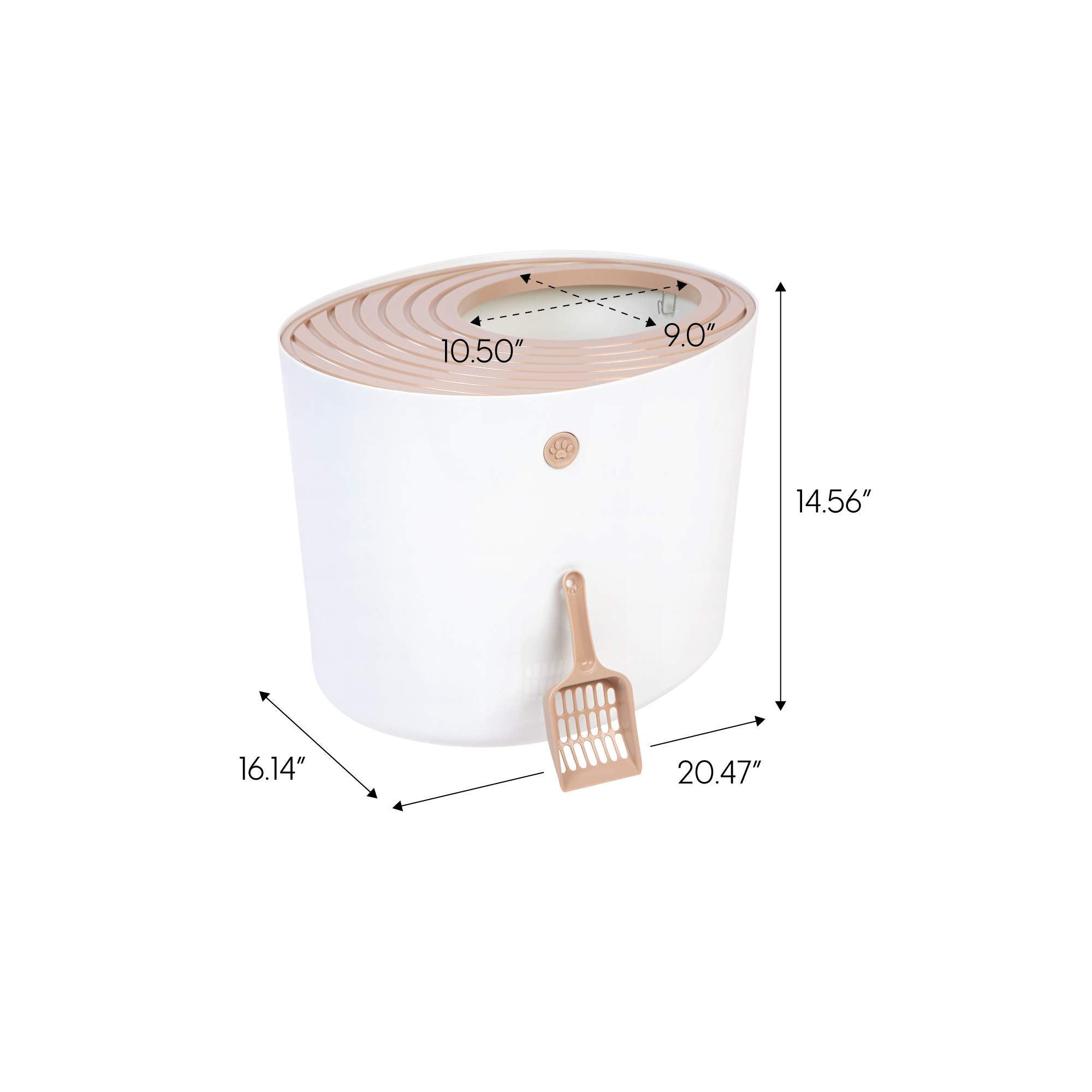 Iris Usa Cat Litter Box, Top Entry Litter Box With Scoop, Stylish Round Cat Litter Box Enclosure, Kitty Litter Box, White/Beige
