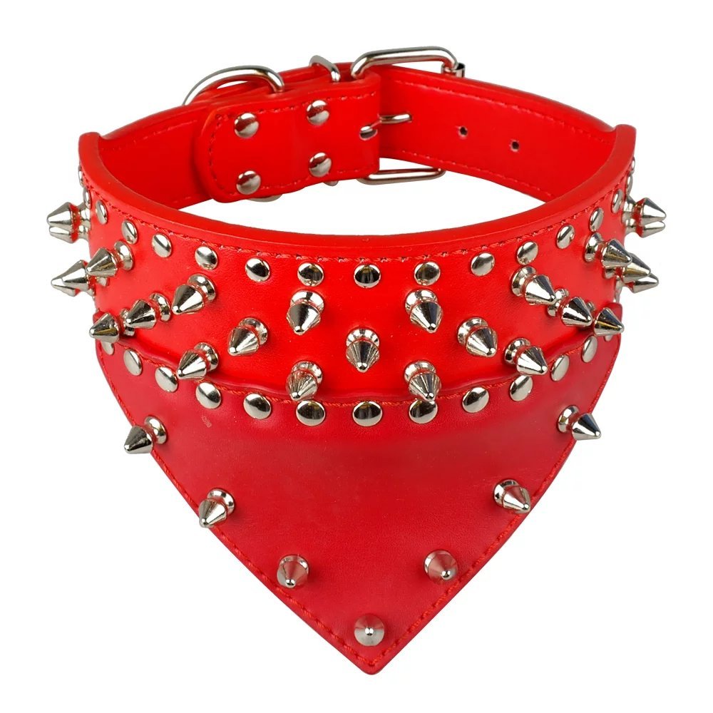 Didog 2'' Width Bandana Style Scarf Leather Dog Collar, Spiked Studded Fit Dalmatian Pit Bull Terrier,Red S Size