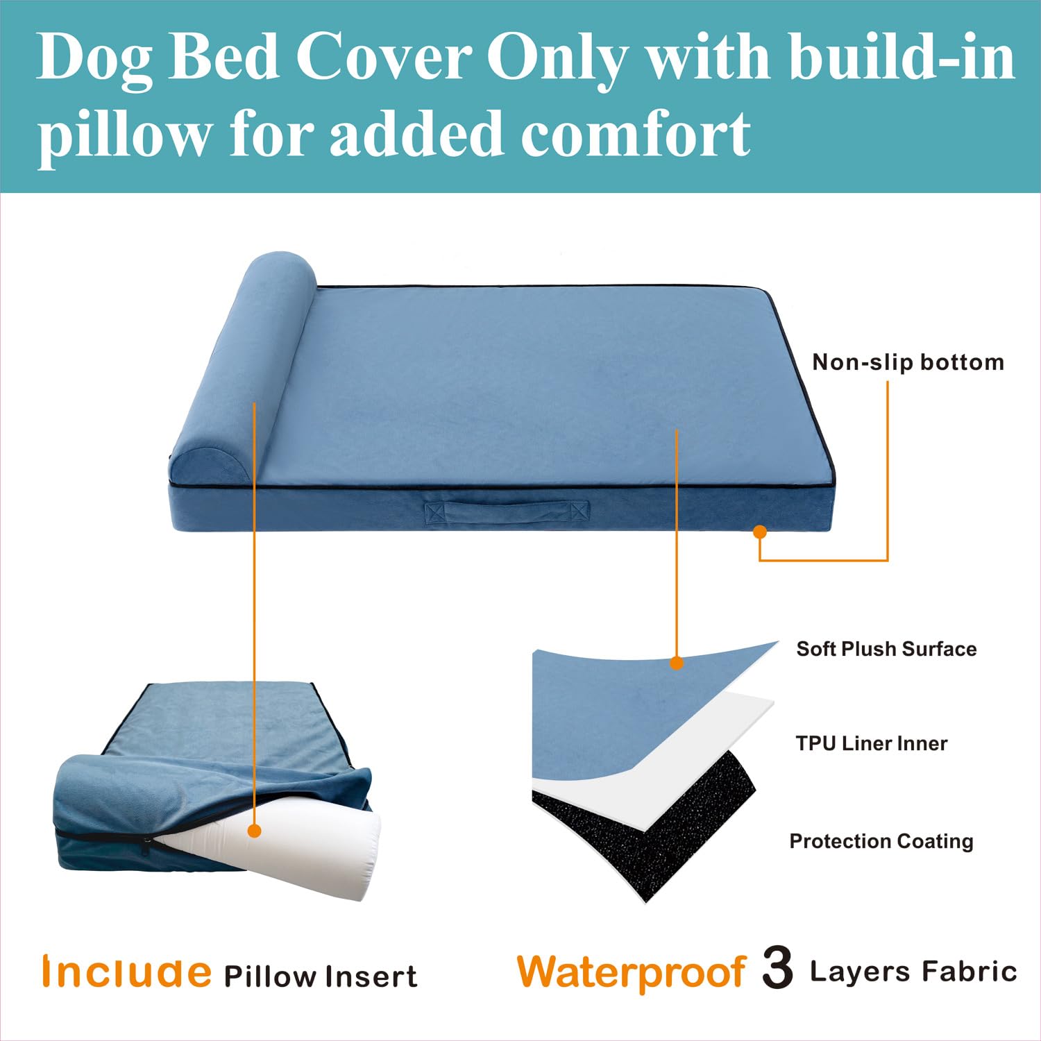 Waterproof Dog Bed Cover Washable, Featuring Removable Built-In Orthopedic Pillow And Anti-Bite Zipper,Removable Pet Bed Liner,