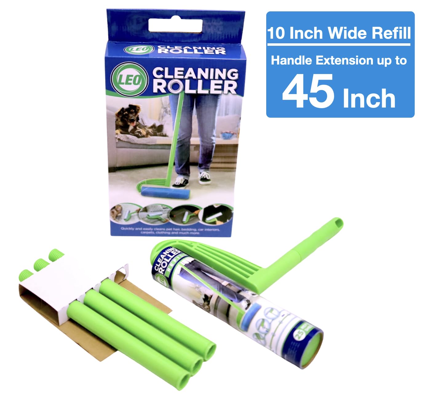 Leo cleaning Roller with extendable Handle Plus 3 Refills. Total 175 Sheets Pets Hair Remover & Household cleaning great for Dog