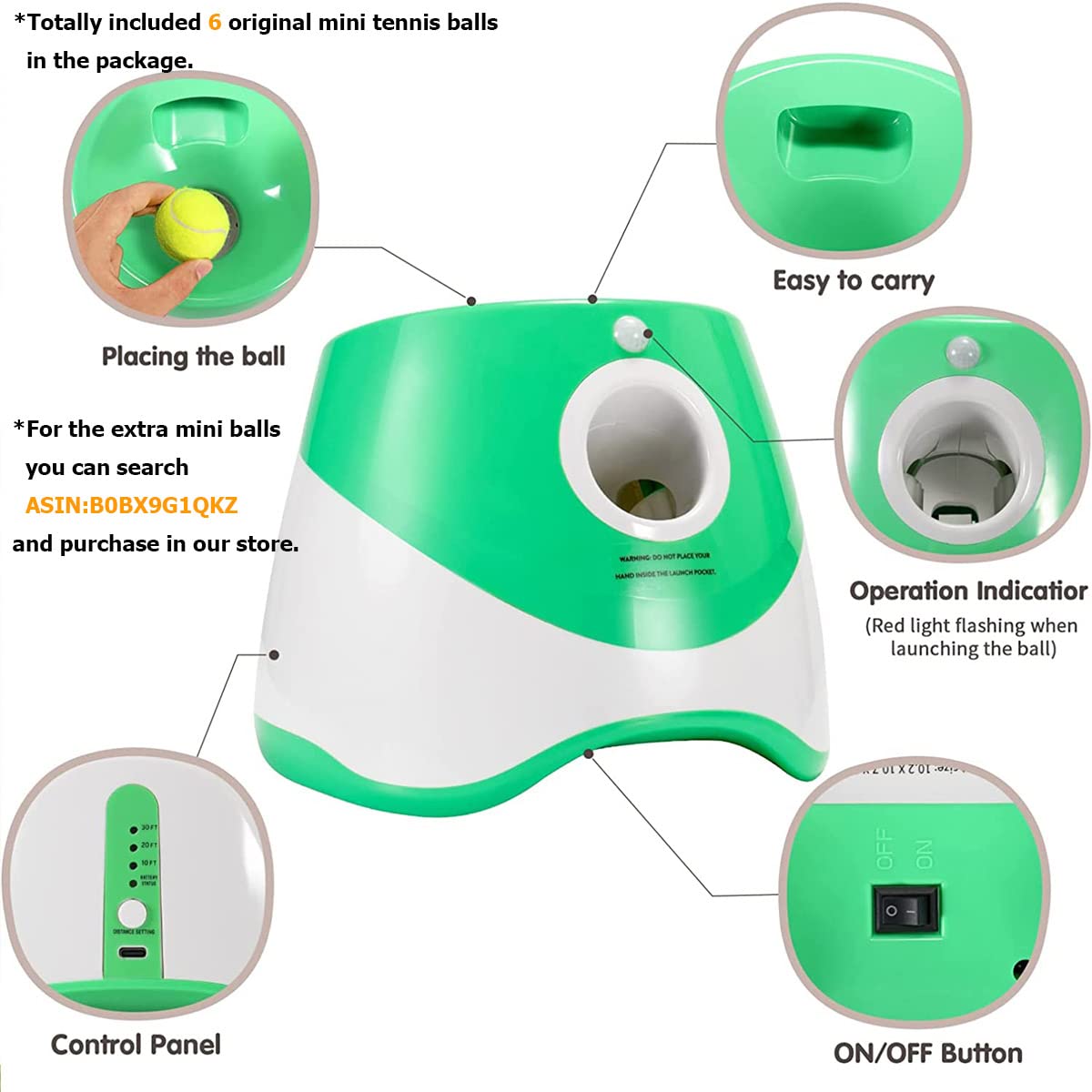 Soco Dog Ball Launcher Automatic,10-30 Ft Distance, Usb Rechargeable Ball Thrower, Led Indicator Dog Toy, Included 6 Mini Tennis