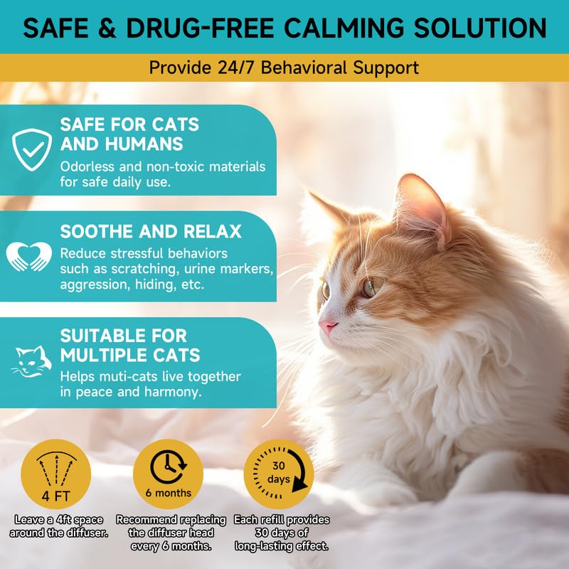 Woyamay Cat Calming Diffuser Kit - 3-in-1 with 1 Diffuser & 2 Refills, 48ml, Model CC02 - Relieves Cat Anxiety for 60