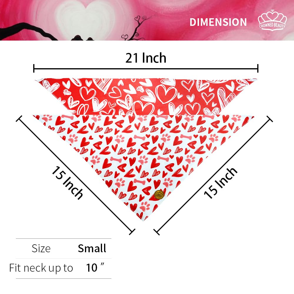 Crowned Beauty Valentines Day Dog Bandanas Reversible Small 2 Pack, Red Heart Set, Buffalo Plaid Adjustable Triangle Scarves For