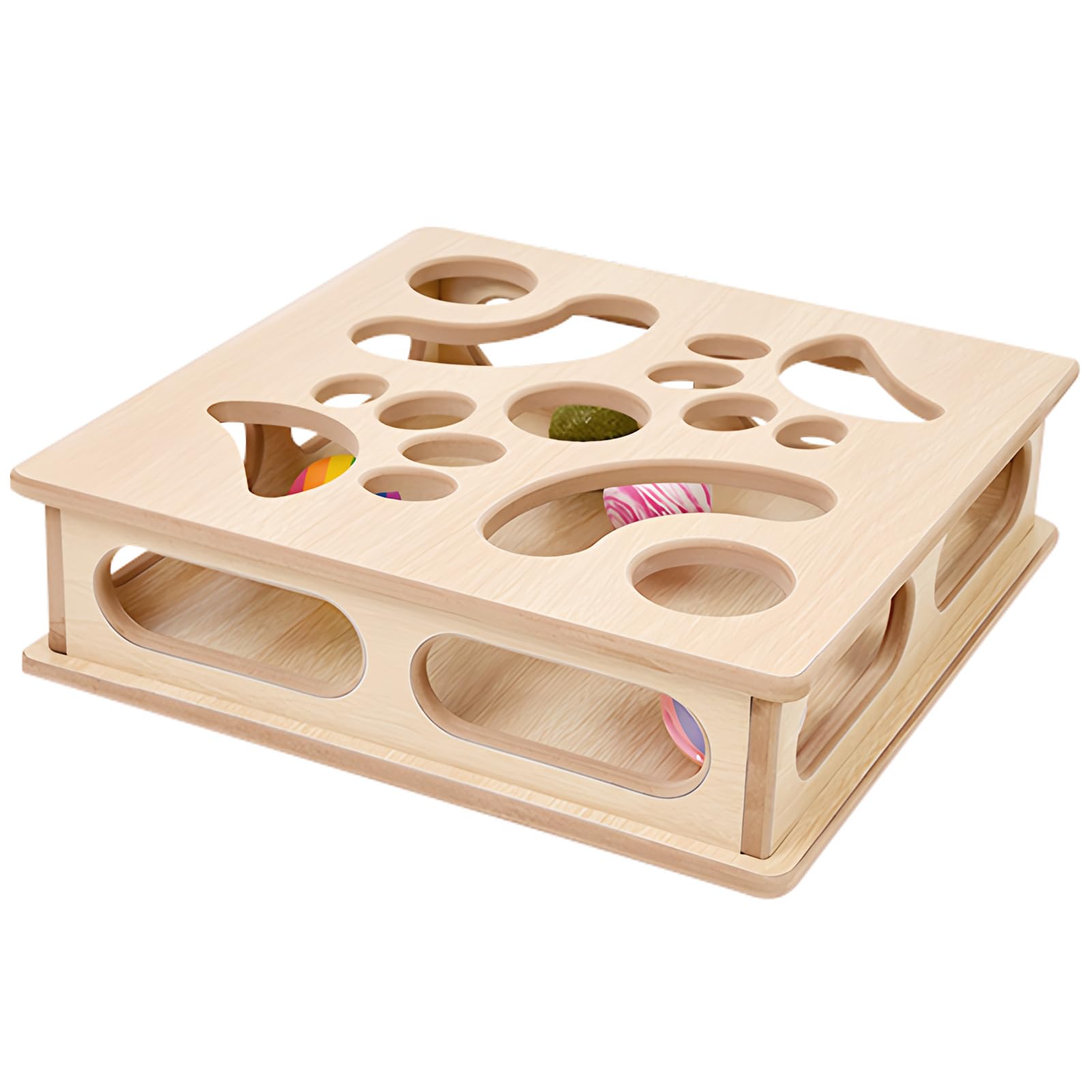 DI BI GRAMAS Cat Interactive Box Puzzle Toy with 3 Small Balls and 1 Bell Indoor Hunting Exercise Toy for Kittens Natural Wood M