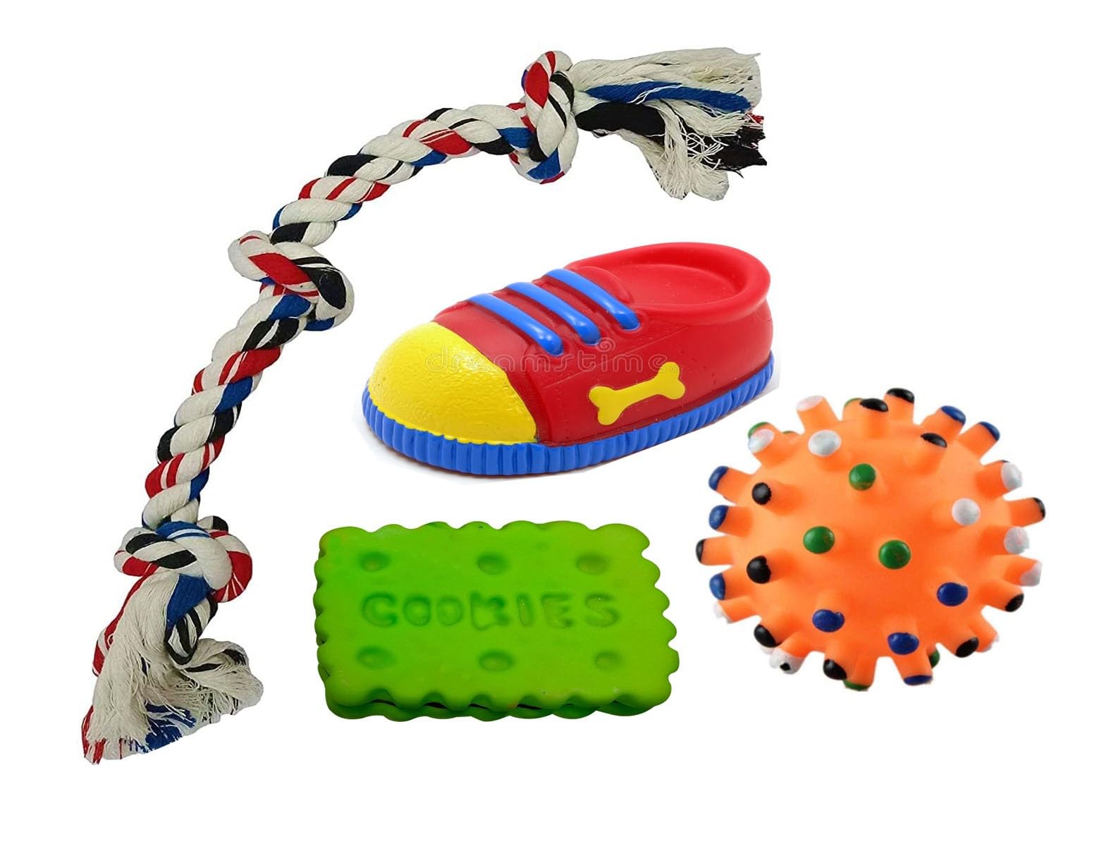 W9 Pet Products Combo Of 4 Natural Latex Squeaky Rubber Toy With 3Knotted Rope Toy For Small Breed PuppyRope,Shoes,Cookie And 