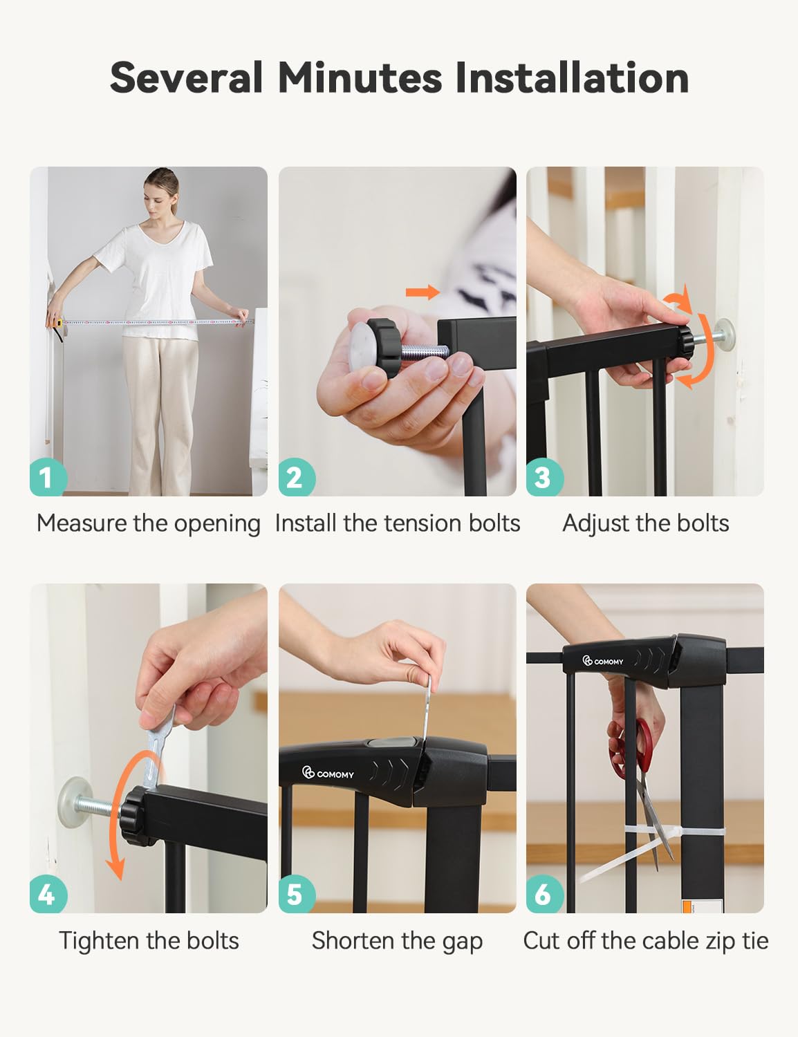 Comomy 30' Tall Baby Gate For Stairs Doorways, Fits Openings 29.5' To 43.3' Wide, Auto Close Extra Wide Dog Gate For House, Pressure Mounted Easy Walk Through Pet Gate With Door, Black