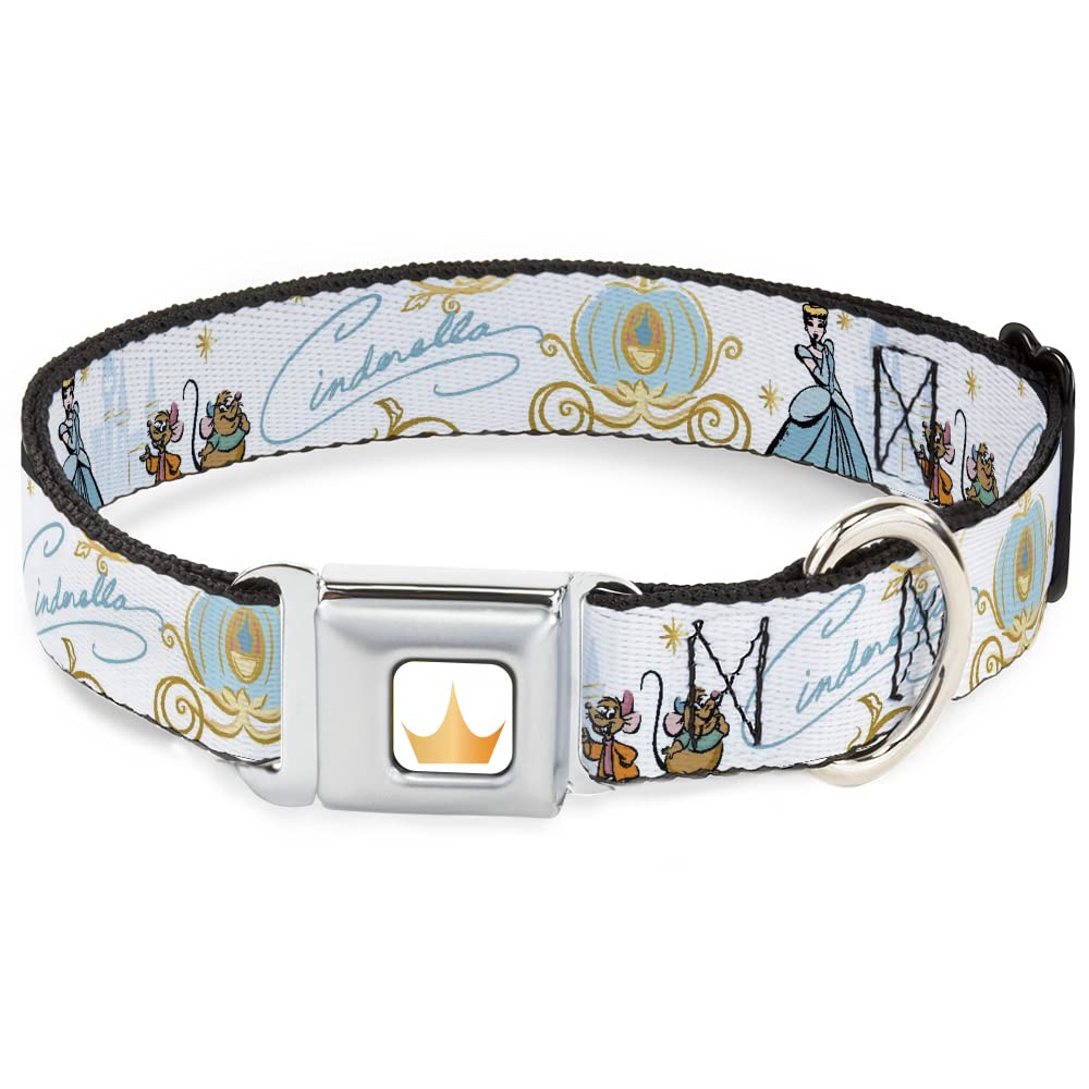 Dog Collar Seatbelt Buckle Cinderella Pumpkin Coach And Mice Pose With Script Blues 15 To 24 Inches 1.0 Inch Wide