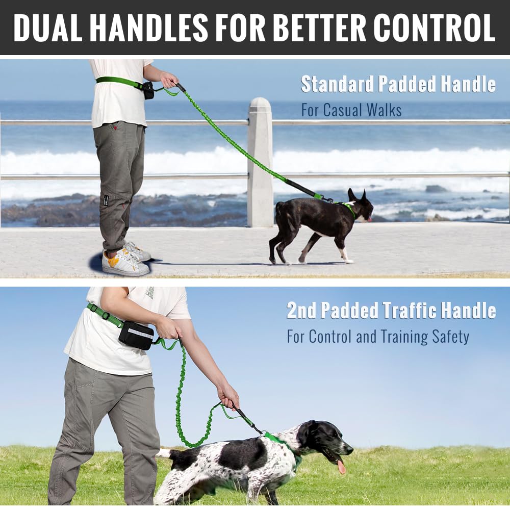 Plutus Pet Hands Free Dog Leash - Soft Padded Dual Handle Retractable Bungee With Reflective Stitches, Adjustable Waist For Walk