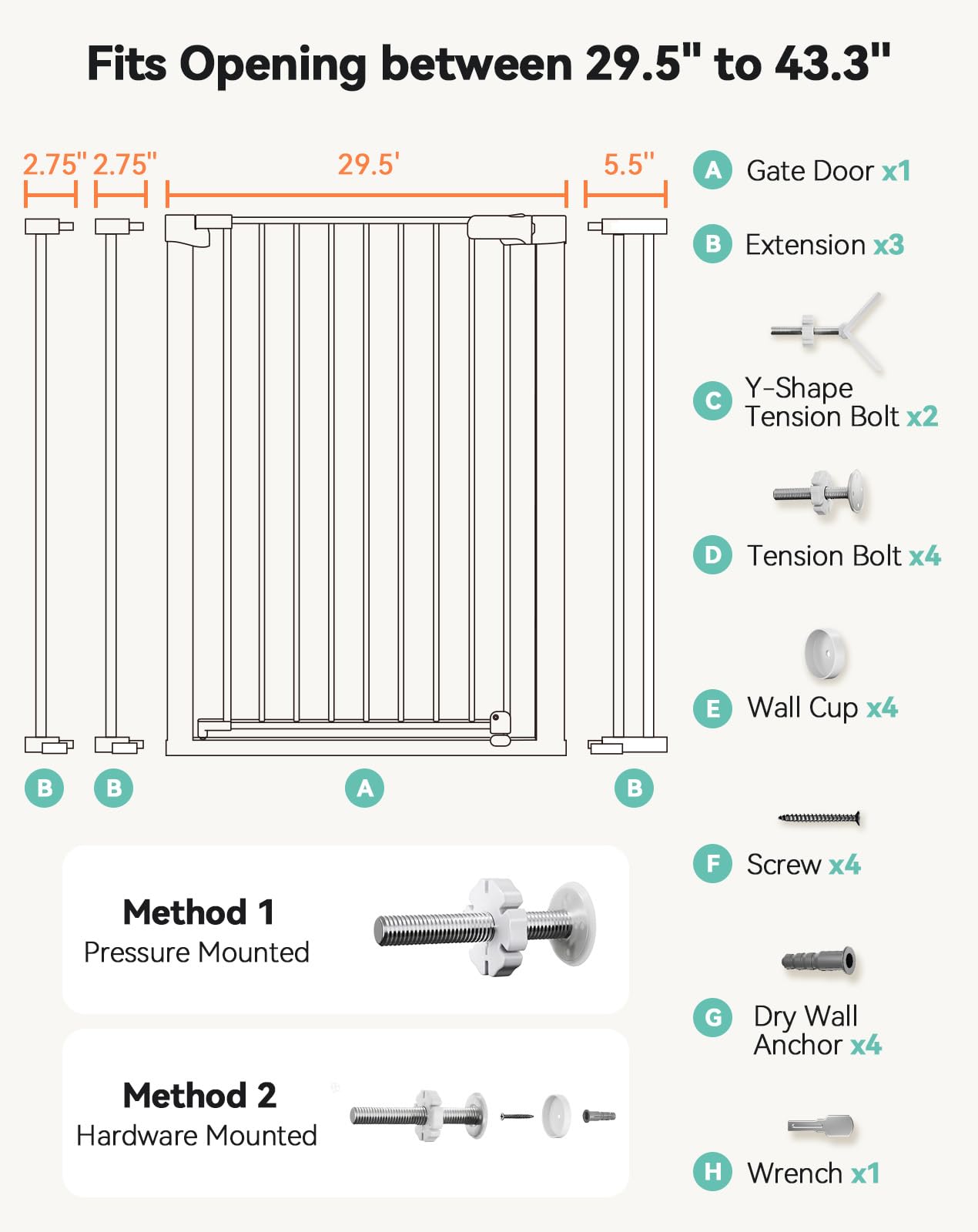Comomy 36' Extra Tall Baby Gate For Stairs Doorways, Fits Openings 29.5' To 43.3' Wide, Auto Close Sturdy Safety Dog Gate For House, Pressure Mounted Easy Walk Through Pet Gate With Door, White