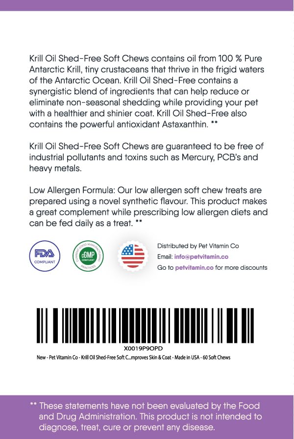 Pet Vitamin Co - Krill Oil Shed-Free Soft Chews for Dogs - Reduce Shedding & Itching - Rich in Omega 3 & Antioxidants - Improves