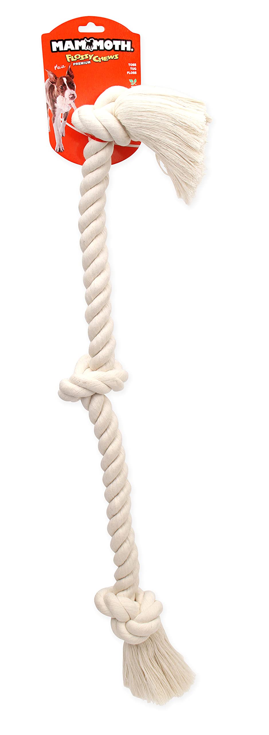 Mammoth Flossy Chews 100 Percent Natural Cotton Rope Dog Toys - Premium White Knot Dog Rope Toy - Interactive Dog Tug Toy - Tug Dog Chew Toy For Large To X-Large Dogs - Large 36'