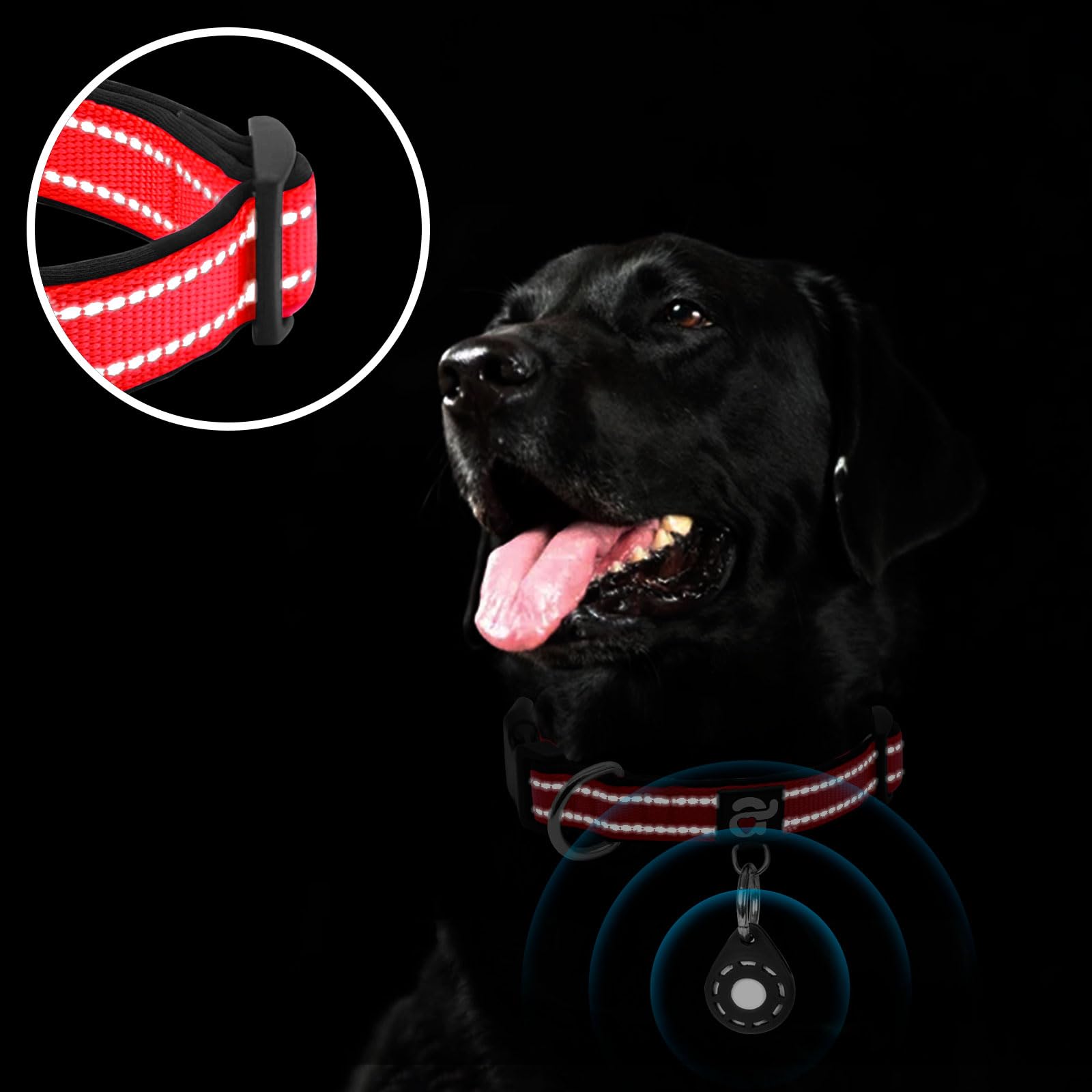 Azuza Reflective Dog Collar With Airtag Holder, Soft Neoprene Padded Pet Collar With Id Tag Ring, Adjustable For Large Dogs,Red,