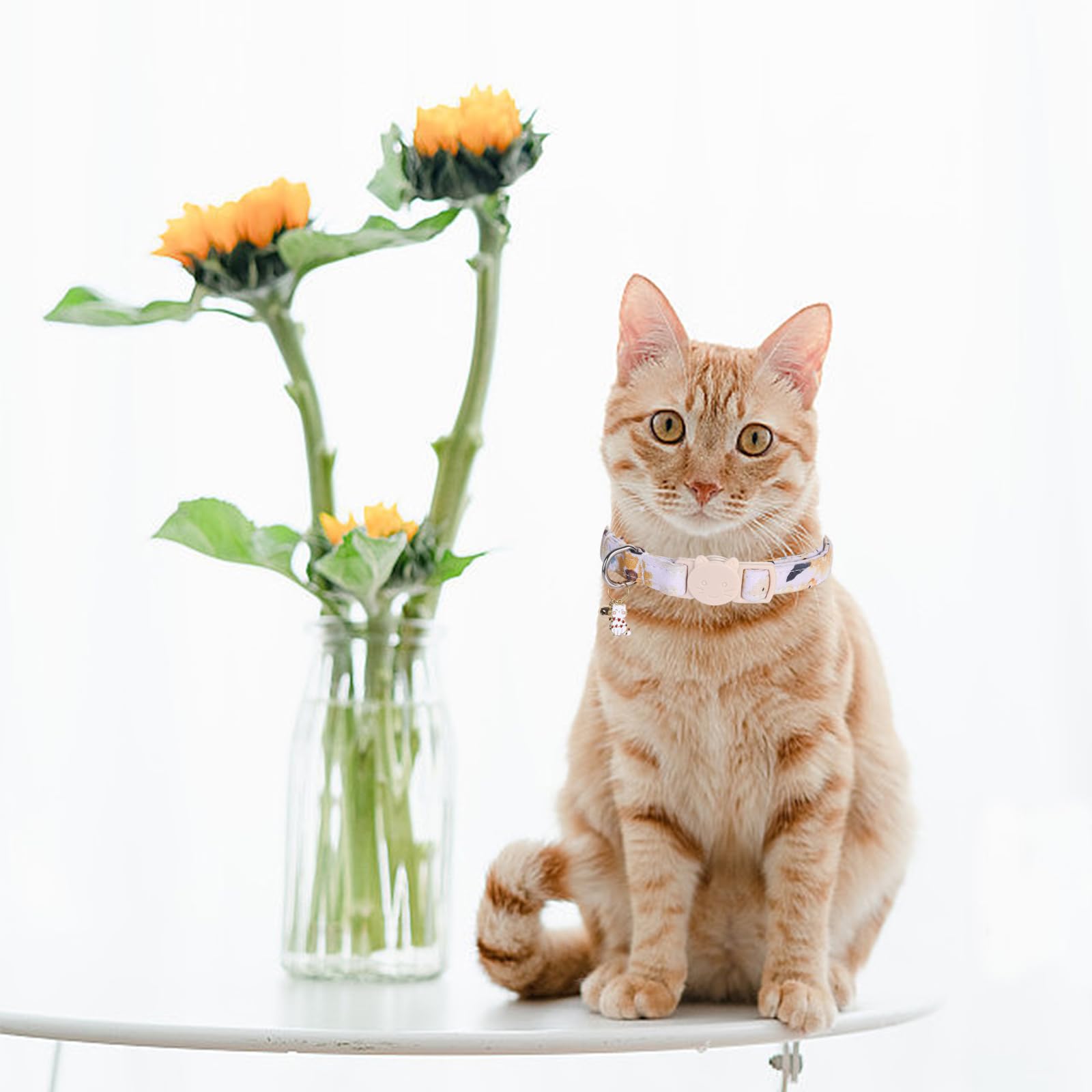 Elegant Little Tail 2 Pack Cat Collar- Sunflower Print Cotton Breakaway Cat Collars With Bell Pendant Kitten For Girl Safety Adj