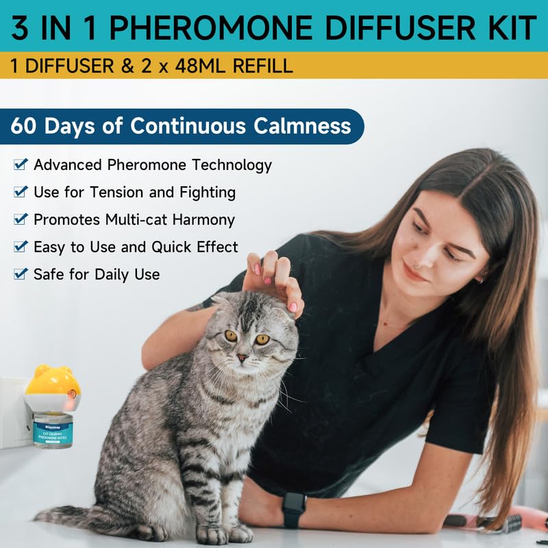 Woyamay Cat Calming Diffuser Kit - 3-in-1 with 1 Diffuser & 2 Refills, 48ml, Model CC02 - Relieves Cat Anxiety for 60