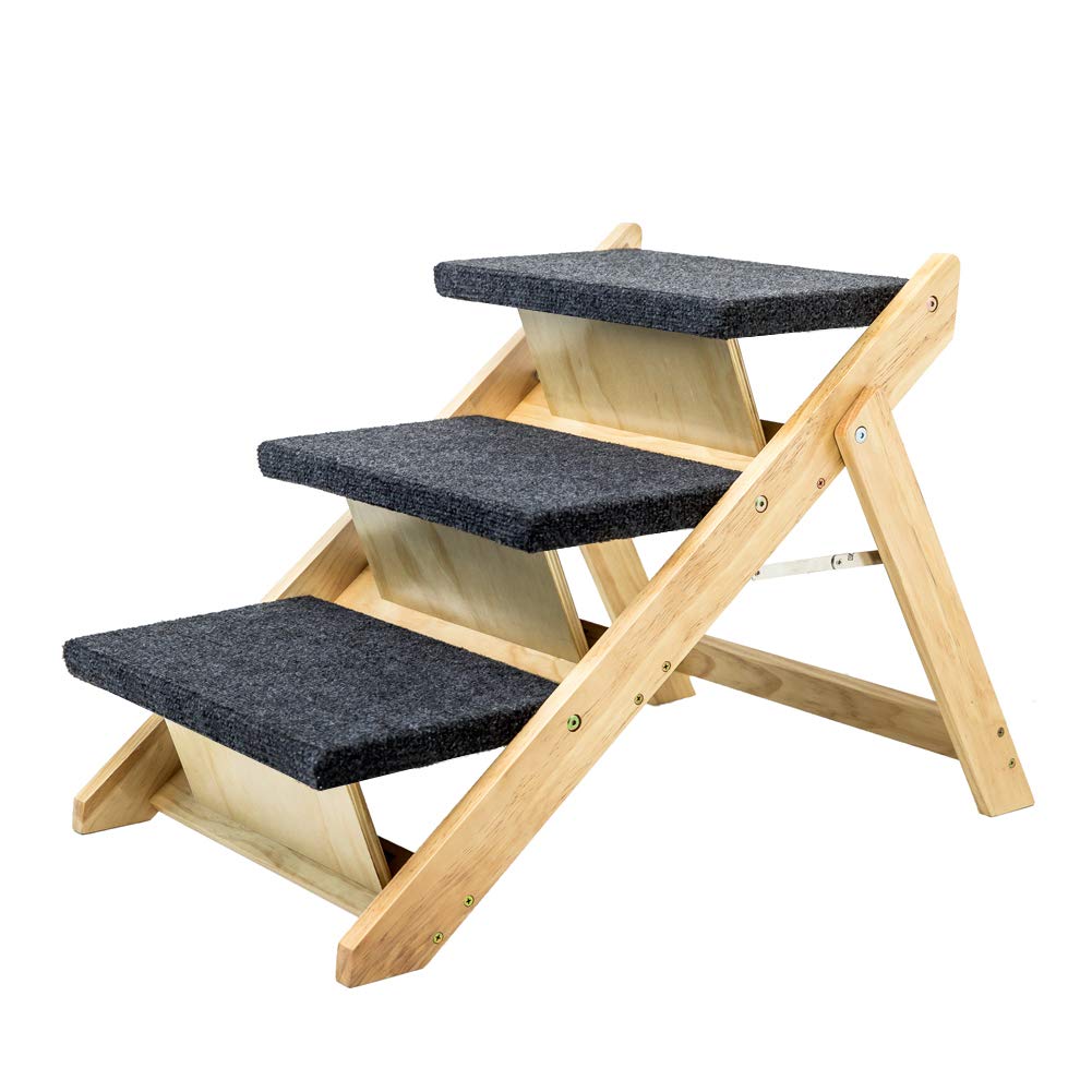 Mewang Wood Pet Stairs/Pet Steps - Foldable 3?evels?og Stairs &?amp?erfect For Beds And Cars - Portable?og/Cat Ladder Up To 110 Pounds