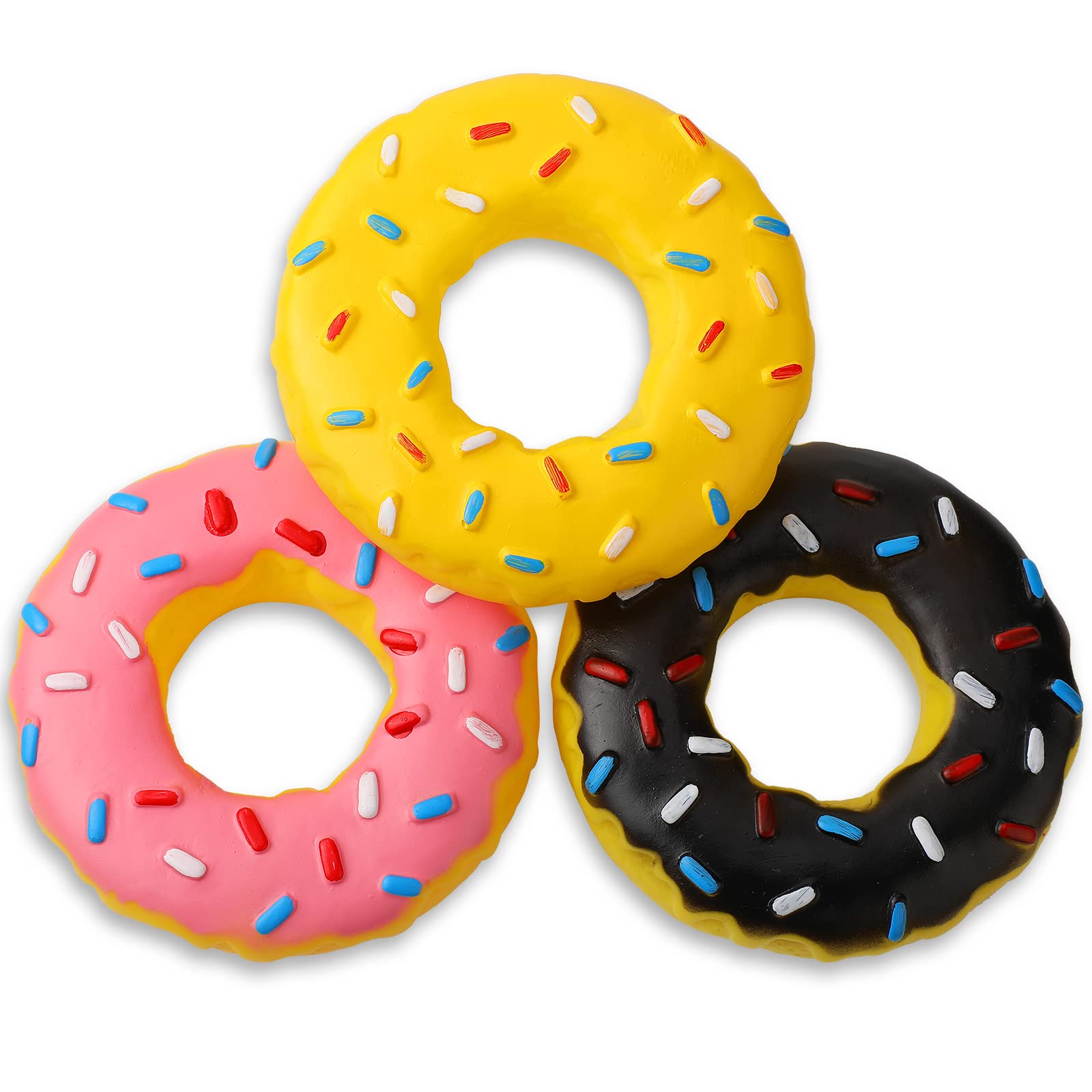 Leitee 3 Pieces 5.3 Inch Assorted Donut Dog Chew Toy with Squeakers Rubber Dog Toy Pink Yellow Black for Interactive Play Small 