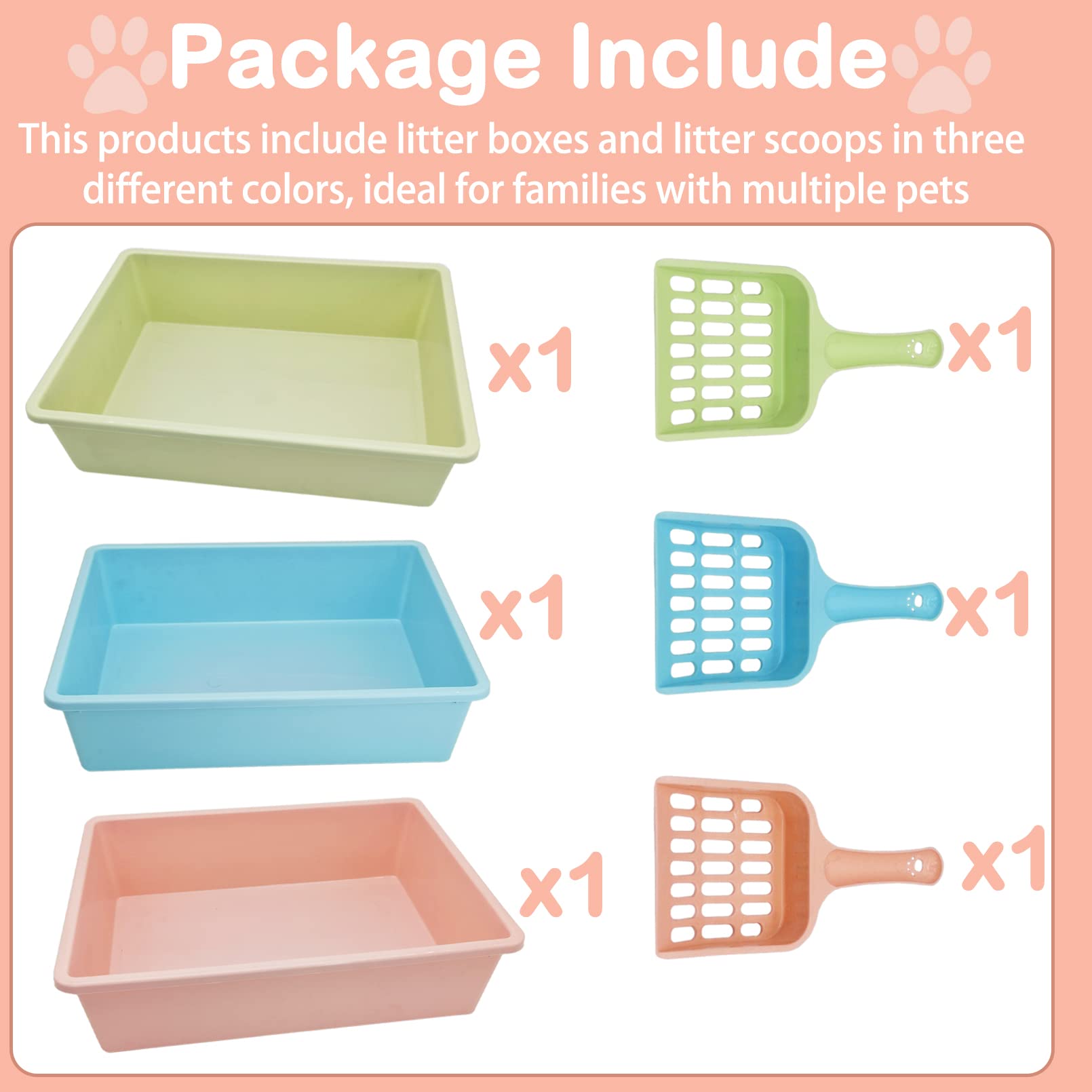 Kathson 4Pcs Medium Open Cat Litter Box With Scoop, Durable Non-Stick Plastic Litter Pan For Cats, Puppies, Bunnies, And Small A