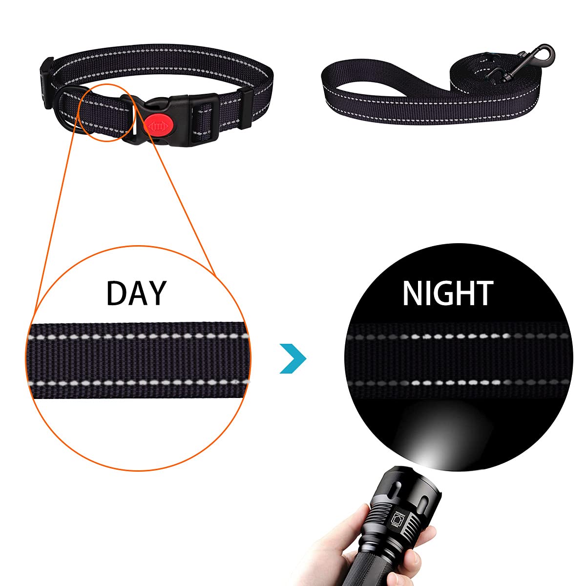 Reflective Dog Collar And Leash Set With Safety Locking Buckle Nylon Pet Collars Adjustable For Small Medium Large Dogs 3 Sizes(Black&L)