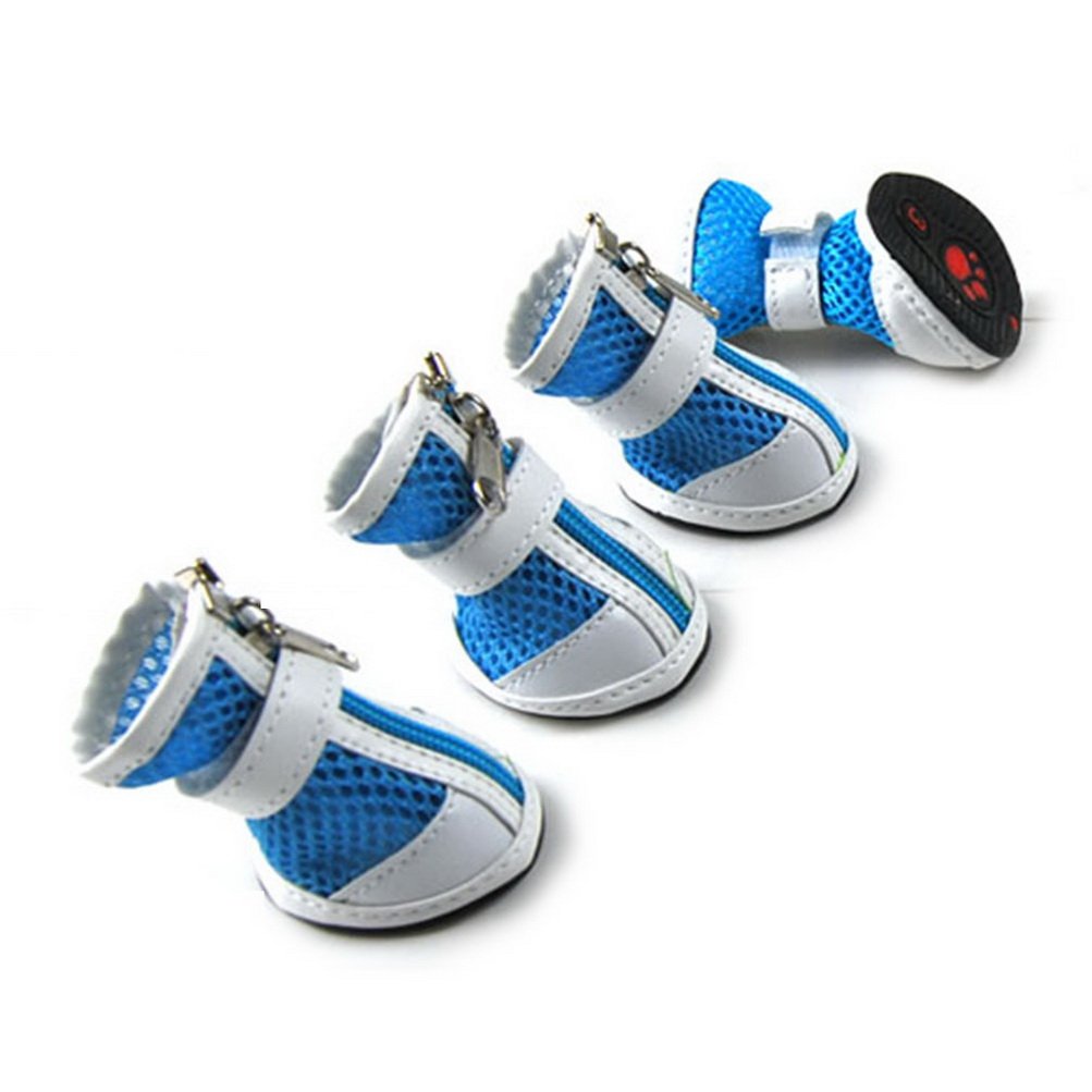 Zunea Small Dog Shoes For Hot Pavement Summer Breathable Mesh Boots Adjustable Non Slip Zipper Pet Dogs Booties White Pu Paw Protector Blue 5#