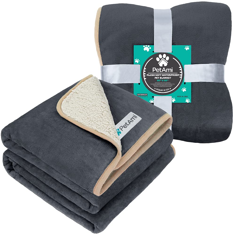Petami Waterproof Dog Blanket For Large Giant Dogs, Pee Proof Pet Blanket Sherpa Fleece Crate Cover, Reversible Cat Throw Bed Kennel Protector, Soft Plush Washable Pad (Queen 90X90, Gray/Beige)
