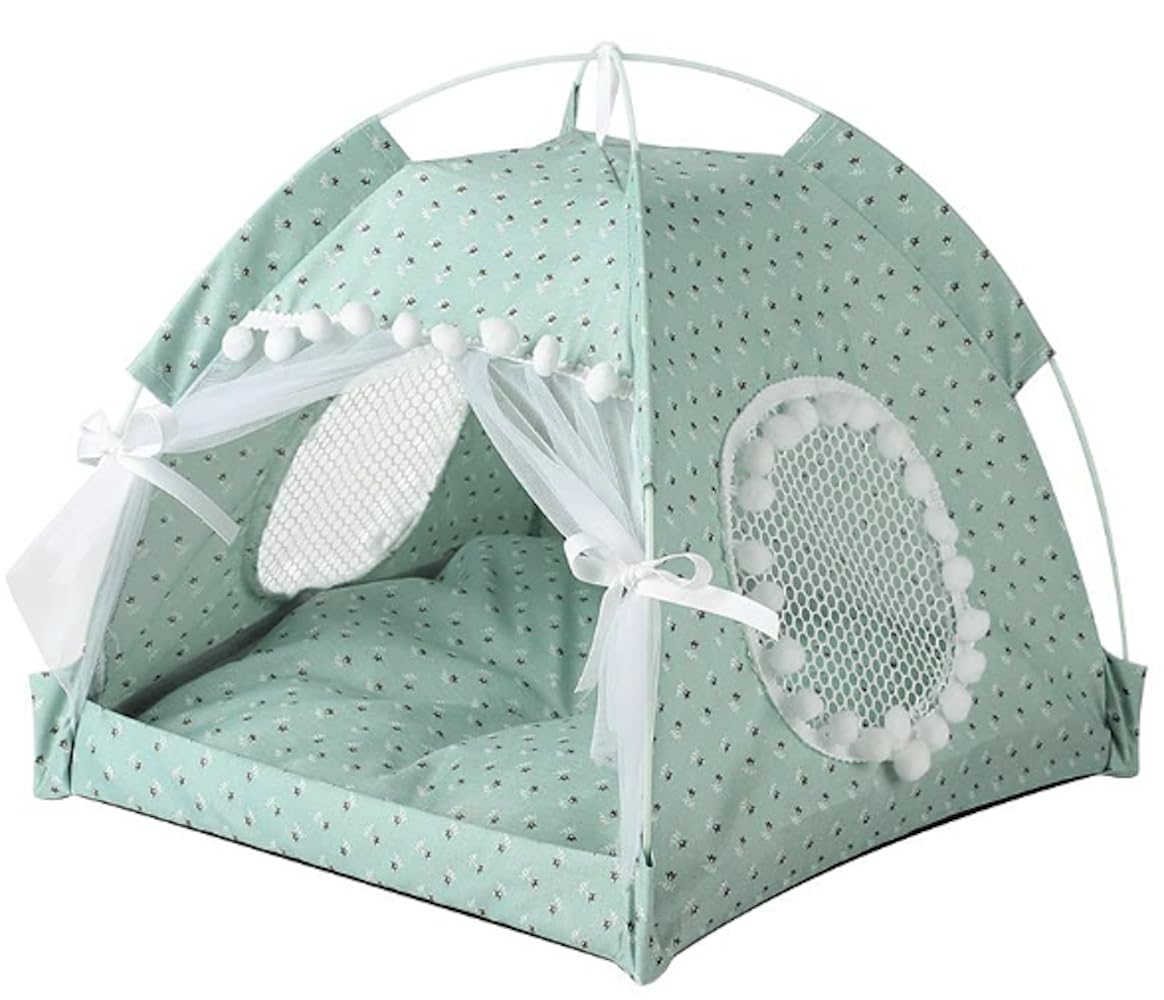 Cat Bed Tents Dog House Indoor Outdoor Lace Mesh Breathable Windows Door Curtains Removable Portable Nest Teepe House (Medium,Mi