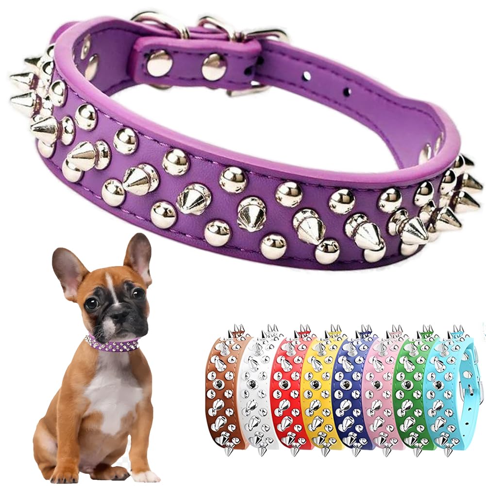 Purple Spiked Chew Proof Spike Collar For Dogs & Cats - Pu Leather Rivet Studded Collars For Small Dogs - Adjustable For Xxs, Xs