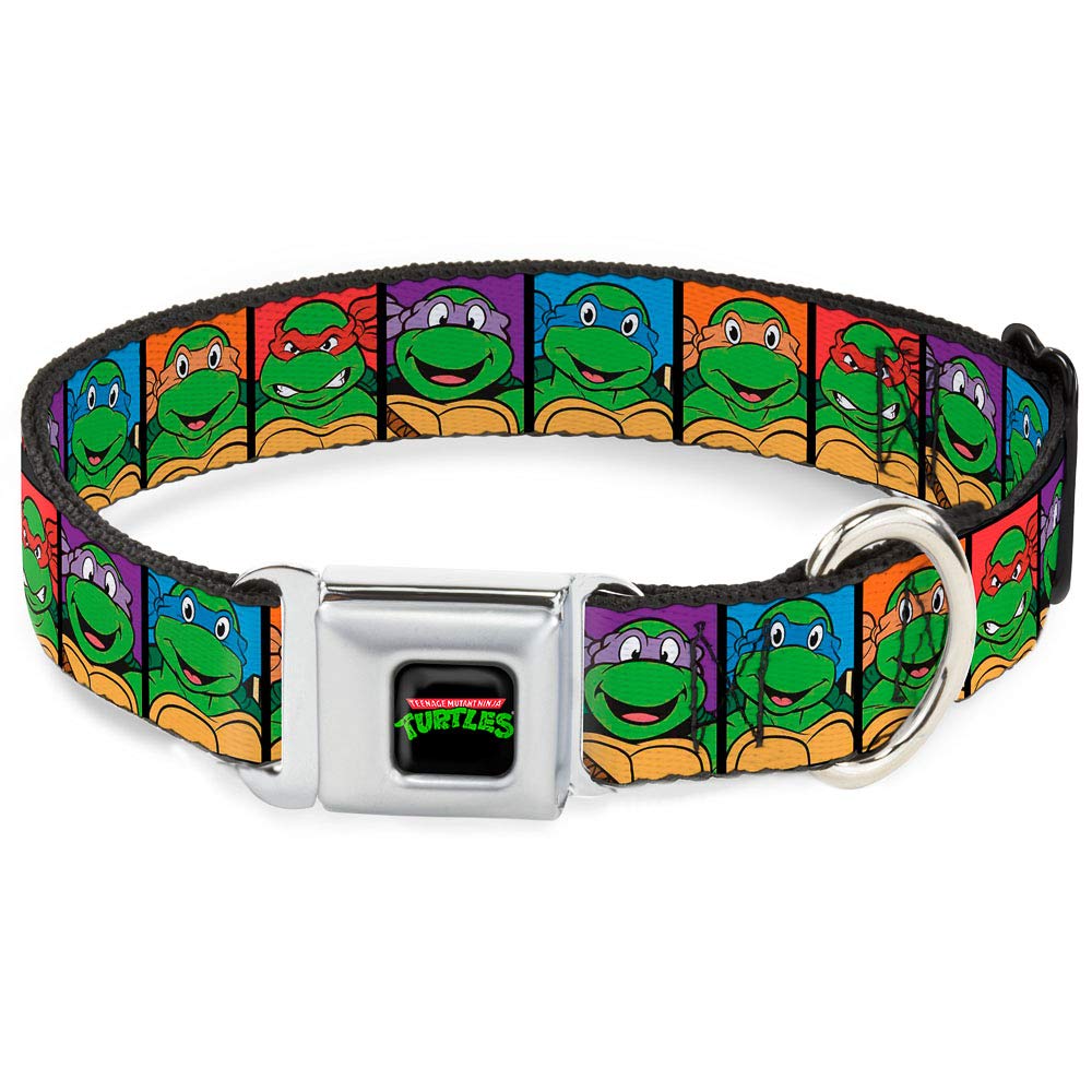Buckle-Down Seatbelt Buckle Dog Collar - Classic Tmnt Face Blocks Black/Multi Color - 1' Wide - Fits 9-15' Neck - Small