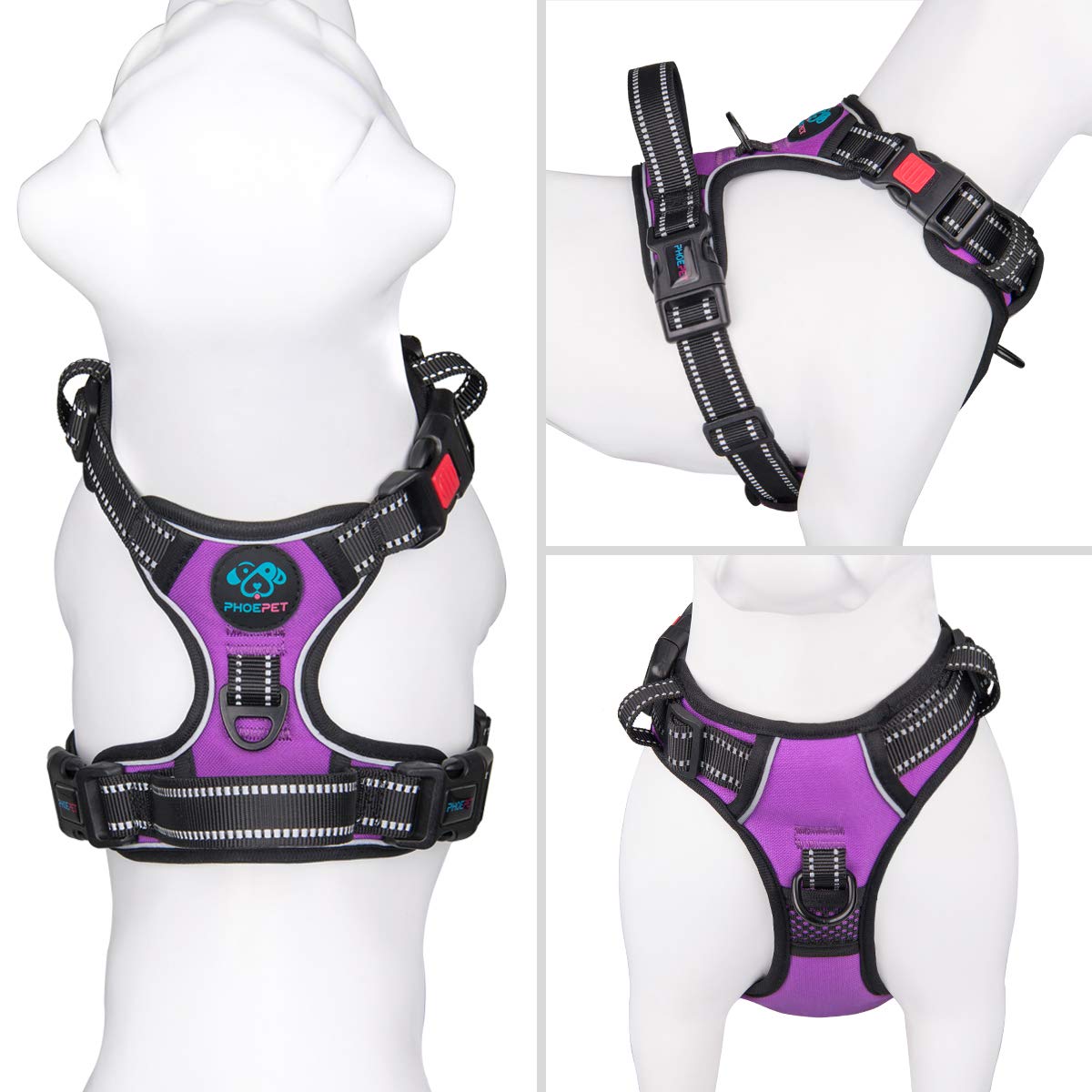 Phoepet Reflective Dog Harness Large Breed Adjustable No Pull Vest With With Handle 2 Metal Rings 3 Buckles [Easy To Put On & Take Off](L, Purple)