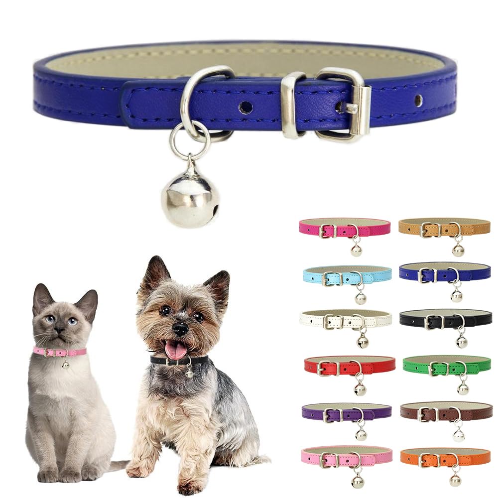 Dark Blue Small Dog Collar With Bell,Soft Pu Leather Female Puppy Collar With Bells Basic Girls Cat Collar With Bells For Xxs Xs