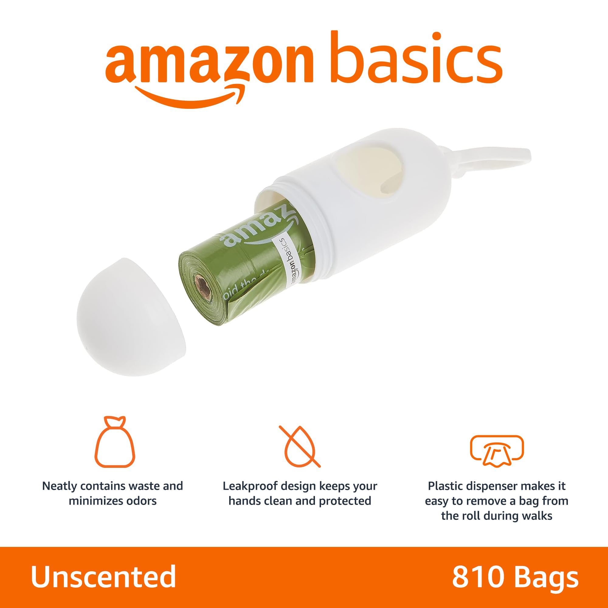 Amazon Basics Leak Proof Dog Poop Bags With Dispenser And Leash Clip, Unscented, 13 X 9 Inches - 810 Count (15 Bags Per Roll, 54