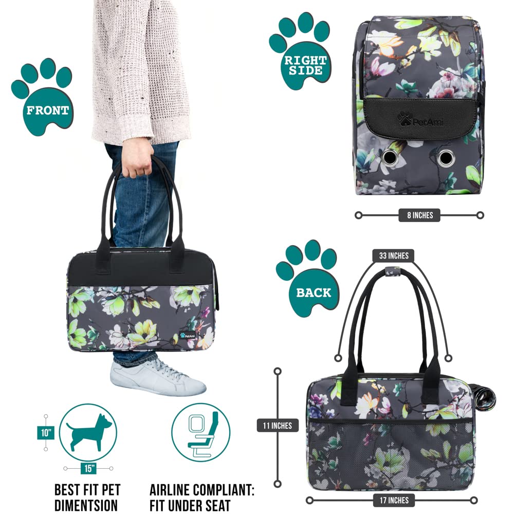 Petami Dog Purse Carrier For Small Dogs, Airline Approved Soft Sided Pet Carrier With Pockets, Ventilated Dog Carrying Bag For Puppy Cat, Dog Travel Supplies Bag, Sherpa Bed, Max 12 Lbs, Floral Gray