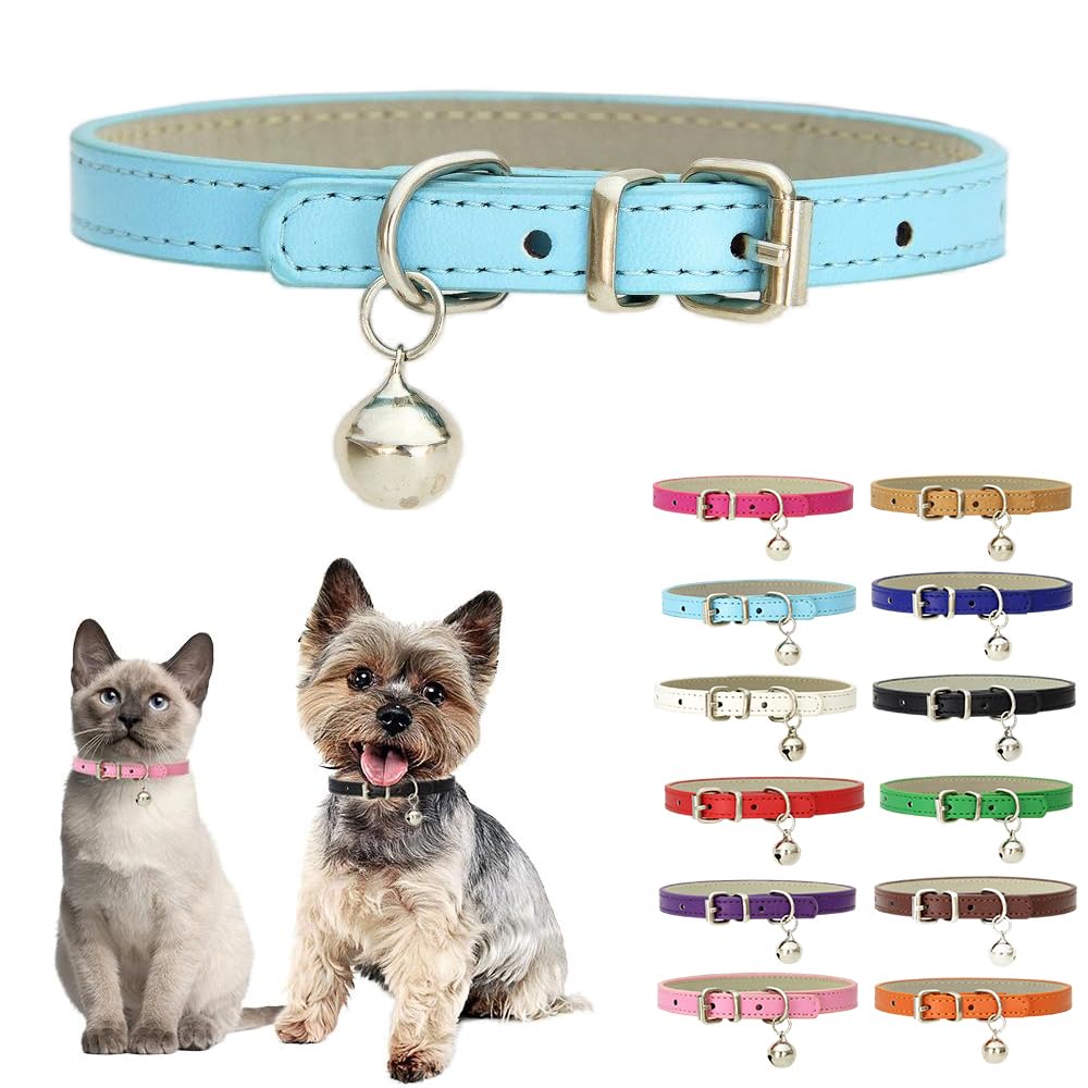 Blue Small Dog Collar With Bell,Soft Pu Leather Female Puppy Collar With Bells Basic Girls Cat Collar With Bells For Xxs Xsmall 