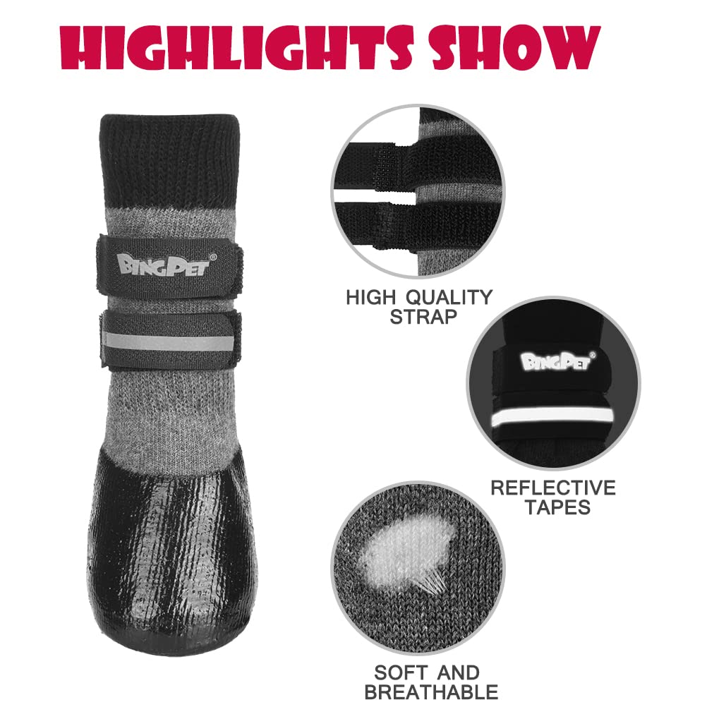 Bingpet Anti-Slip Dog Socks, Waterproof Paw Protectors With Reflective Straps, Dog Boots For Hot Pavement For All Season, Dog Shoes With Traction Control For Indoor & Outdoor Wear, 4Pcs