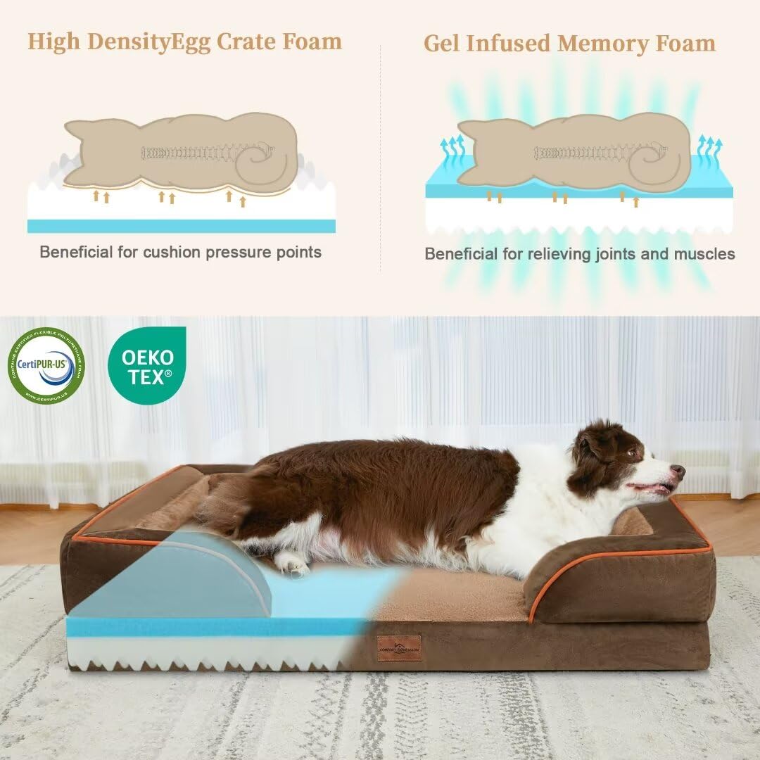 Comfort Expression Cooling Dog Bed Orthopedic, Memory Foam Dog Bed For Large Dogs, Waterproof Dog Beds, Washable Dog Bed With Removable Cover,Pet Bed Dog Sofa With Bolster(Large,Khaki Brown)