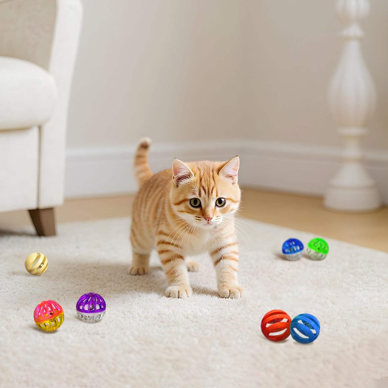 YULOYI Cat Toys for Indoor Cats, Cat Toys Balls, 20 Packs Interactive Cat Toy Set with Colorful Bell, Jingle Bell, Rainbow, Pomp