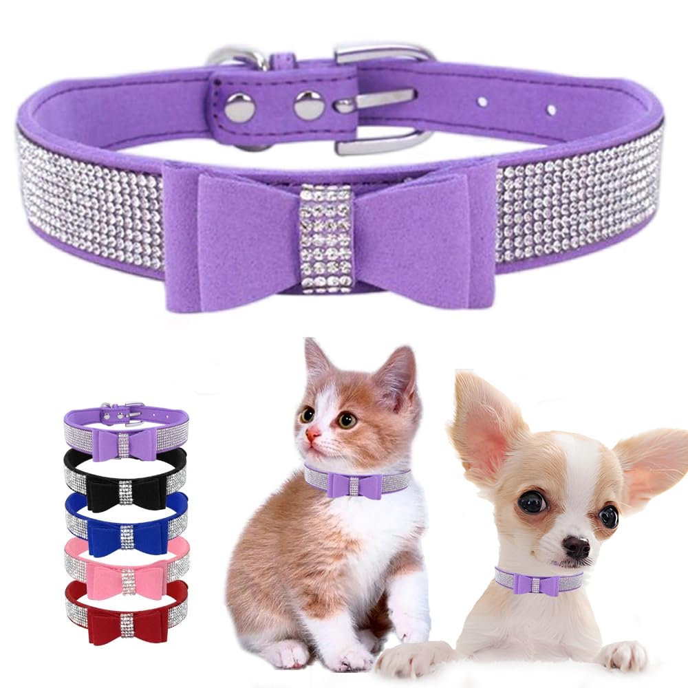 Purple Girl Dog Collars For Medium Dogs With Bow, Bling Rhinestone Puppy Collar Diamond Cat Collars Sparkly Jewelry Cute Adjusta