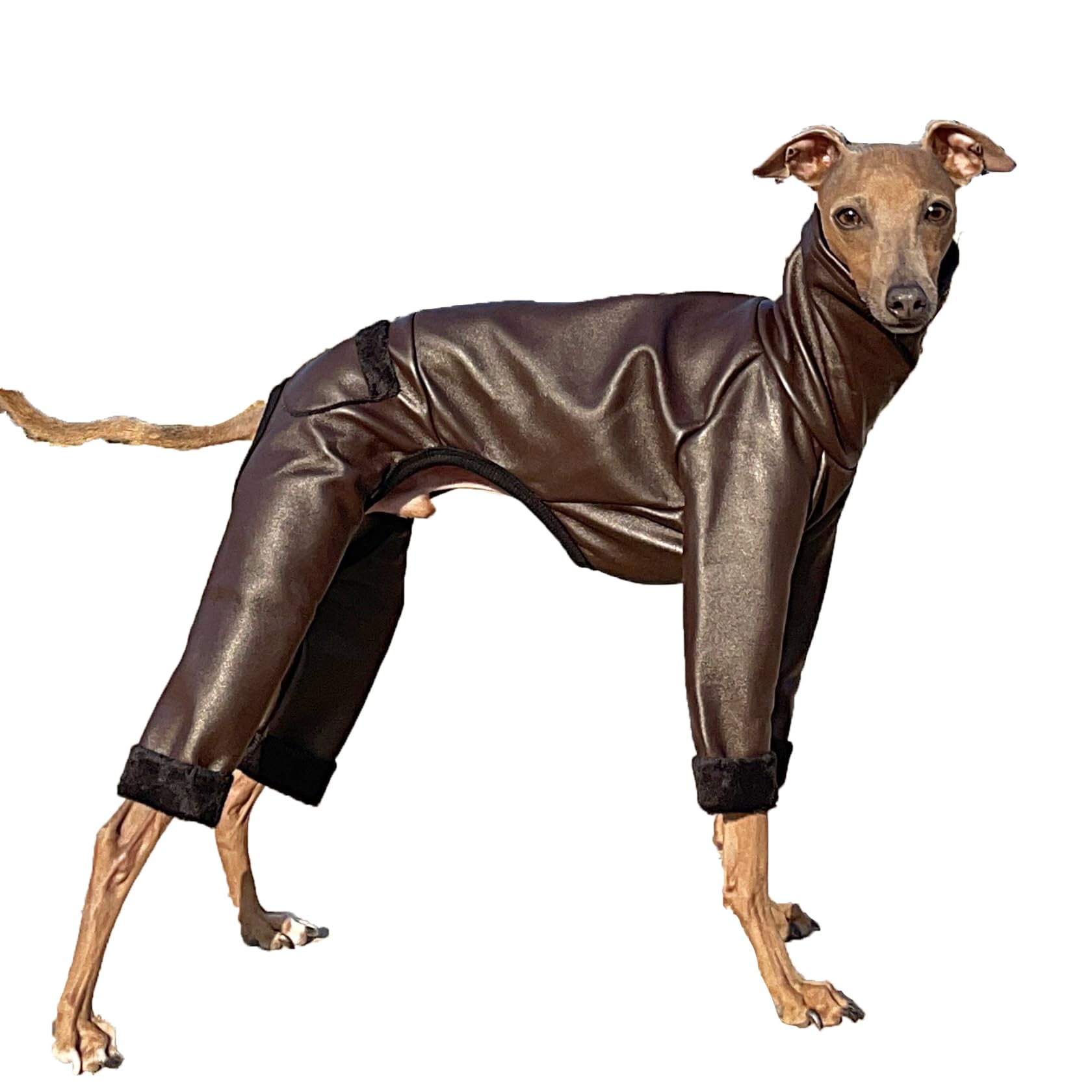 D Doggy Star Italian Greyhound Coat Stretchable Aartificial Leather Fleece Lining Clothes Whippet For Dog (Xl,Leather Brown)