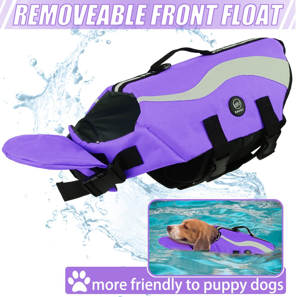 Emust Dog Life Vests - Adjustable Dog Life Jackets With Front Float, High Visibility Safety Swimsuit For Medium Dogs, Purple